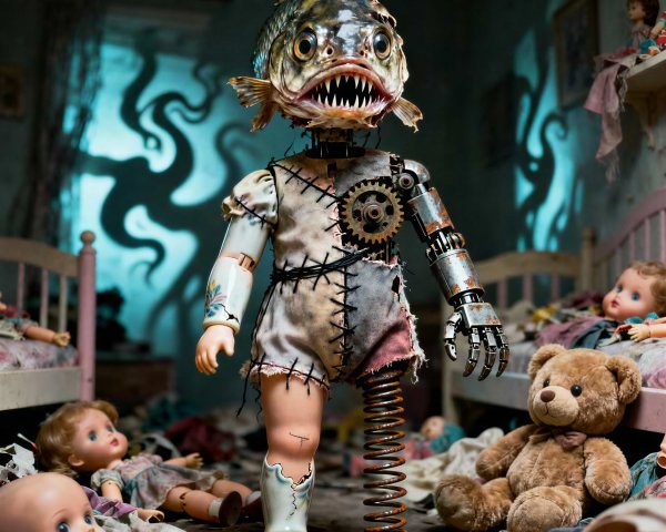 Cyborg Doll with Fish Head in Abandoned Room
