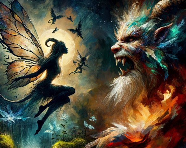 Fairy and Beast in a Mystical Moonlit Scene