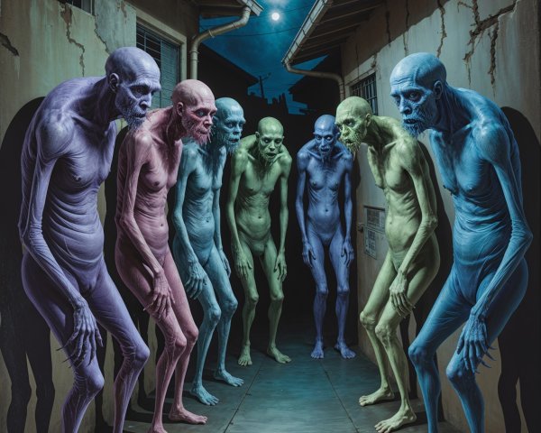 Eerie Skeletal Figures in Dimly Lit Alleyway