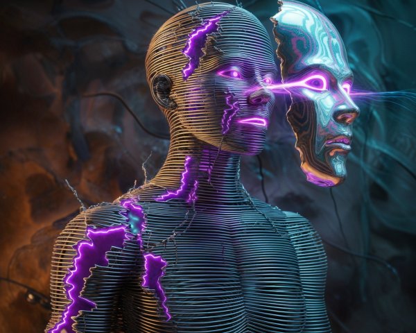 Futuristic Humanoid Figure with Metallic Lines and Colors