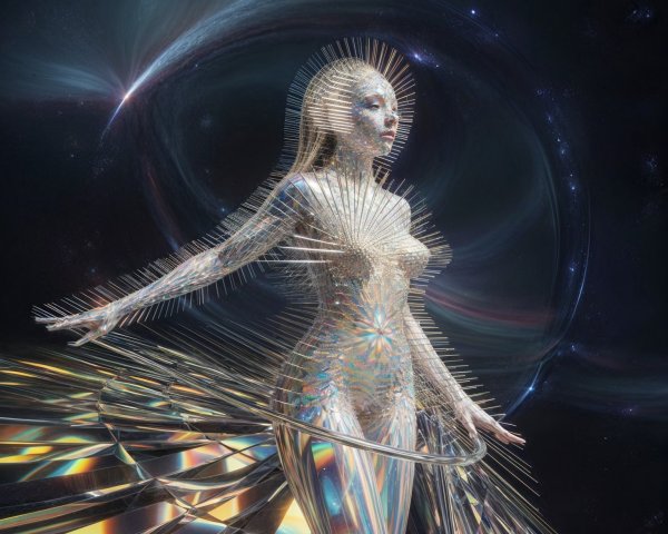 Futuristic figure in shimmering translucent material with galaxies