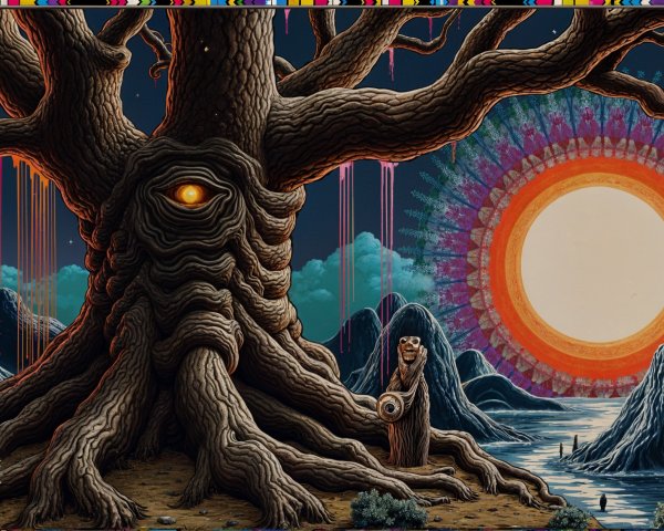 Mystical tree with eye under starry night sky