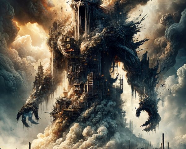 Colossal Figure Rising from Tumultuous Sea and Smoke