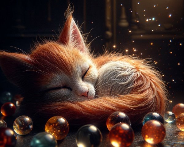 Fluffy Orange Kitten Surrounded by Colorful Marbles