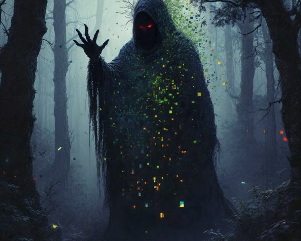 Cloaked Figure with Red Eyes in Shadowy Forest