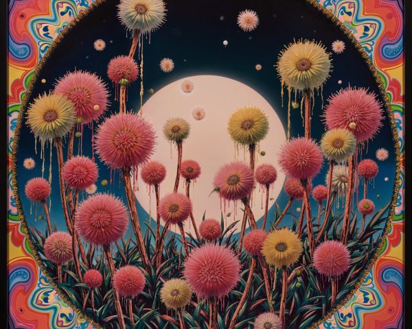 Vibrant Cosmic Landscape with Dandelion Flowers