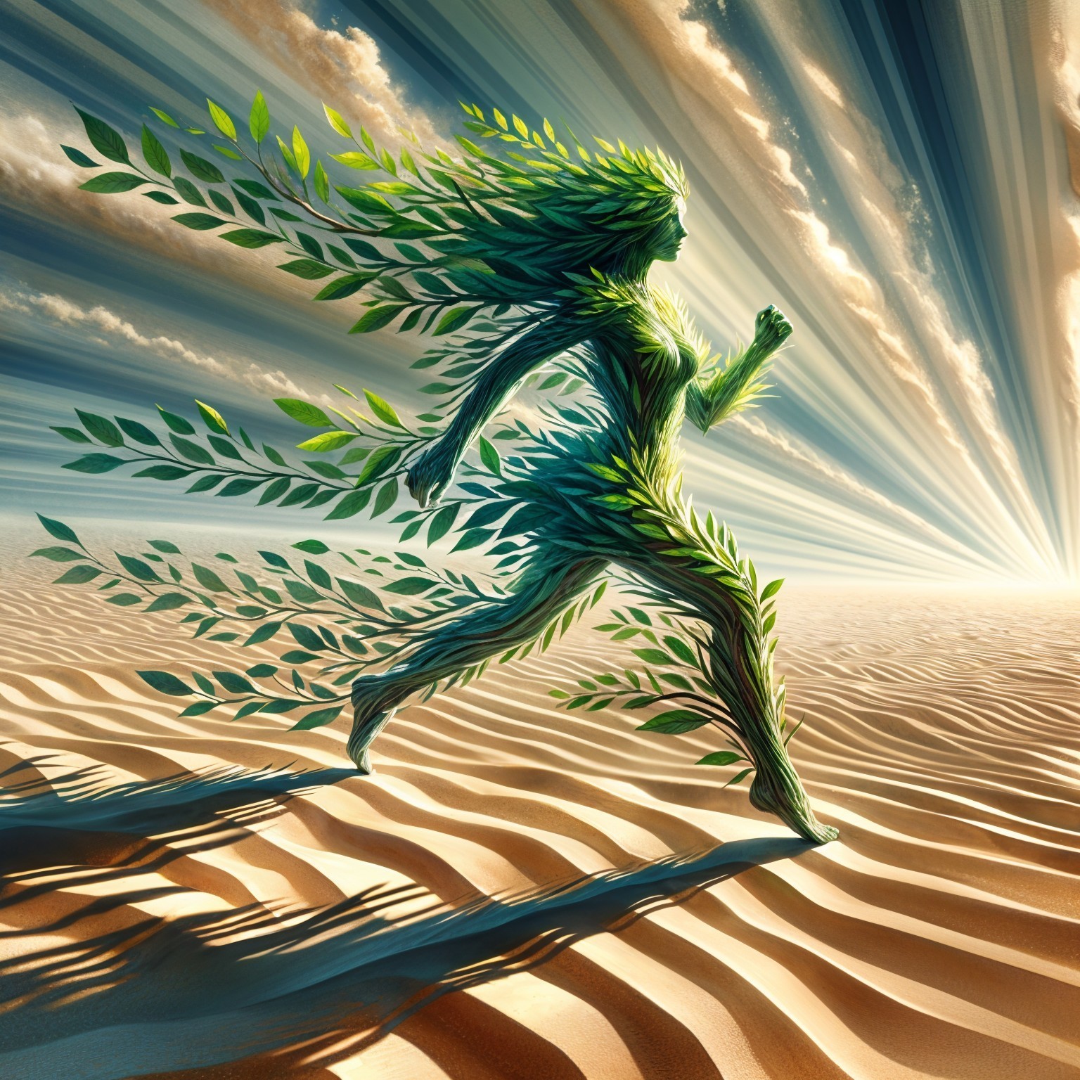 Leaf Figure Running Across Sandy Landscape