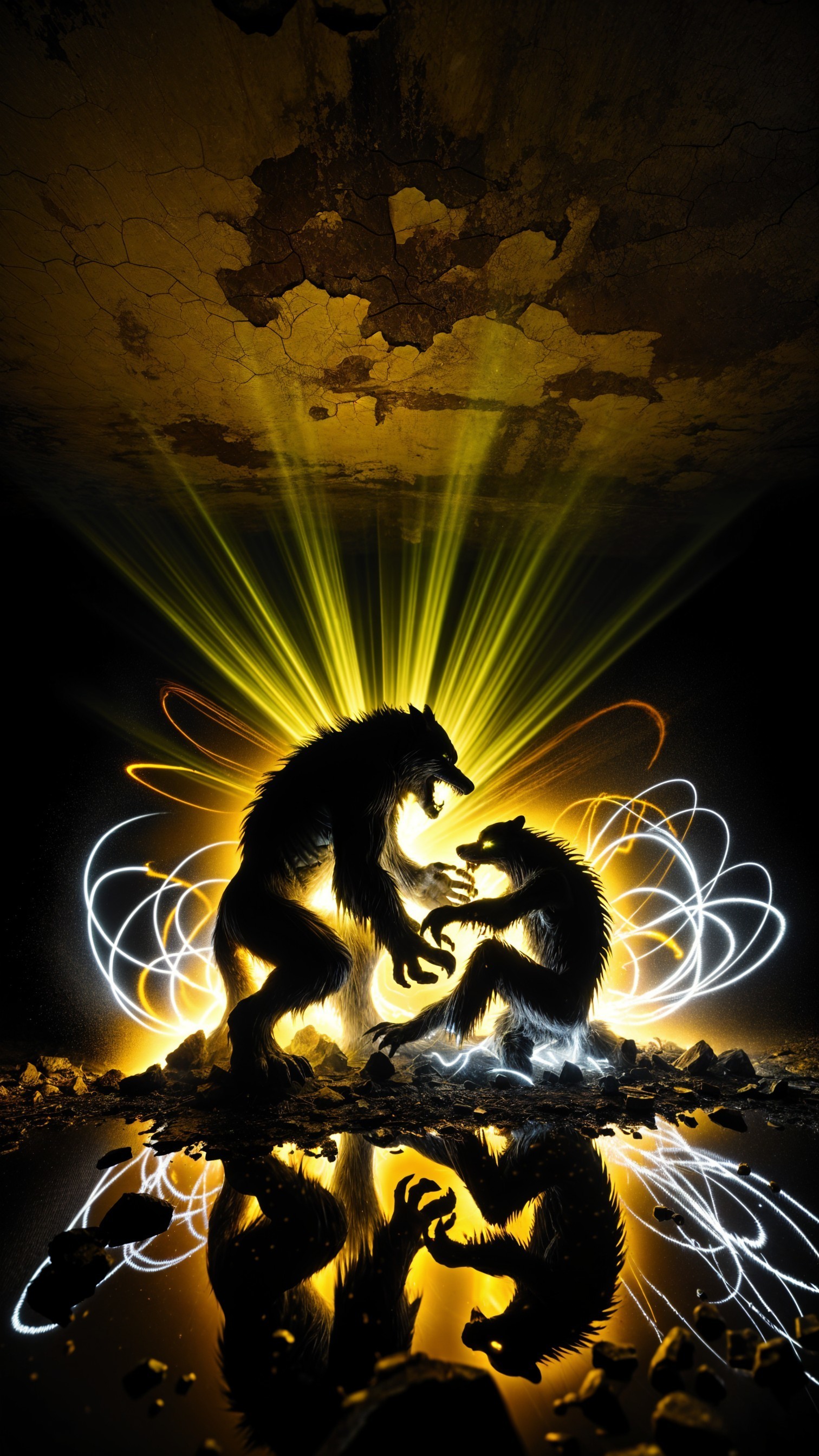 Stylized Bears Confront in Dramatic Light and Reflection