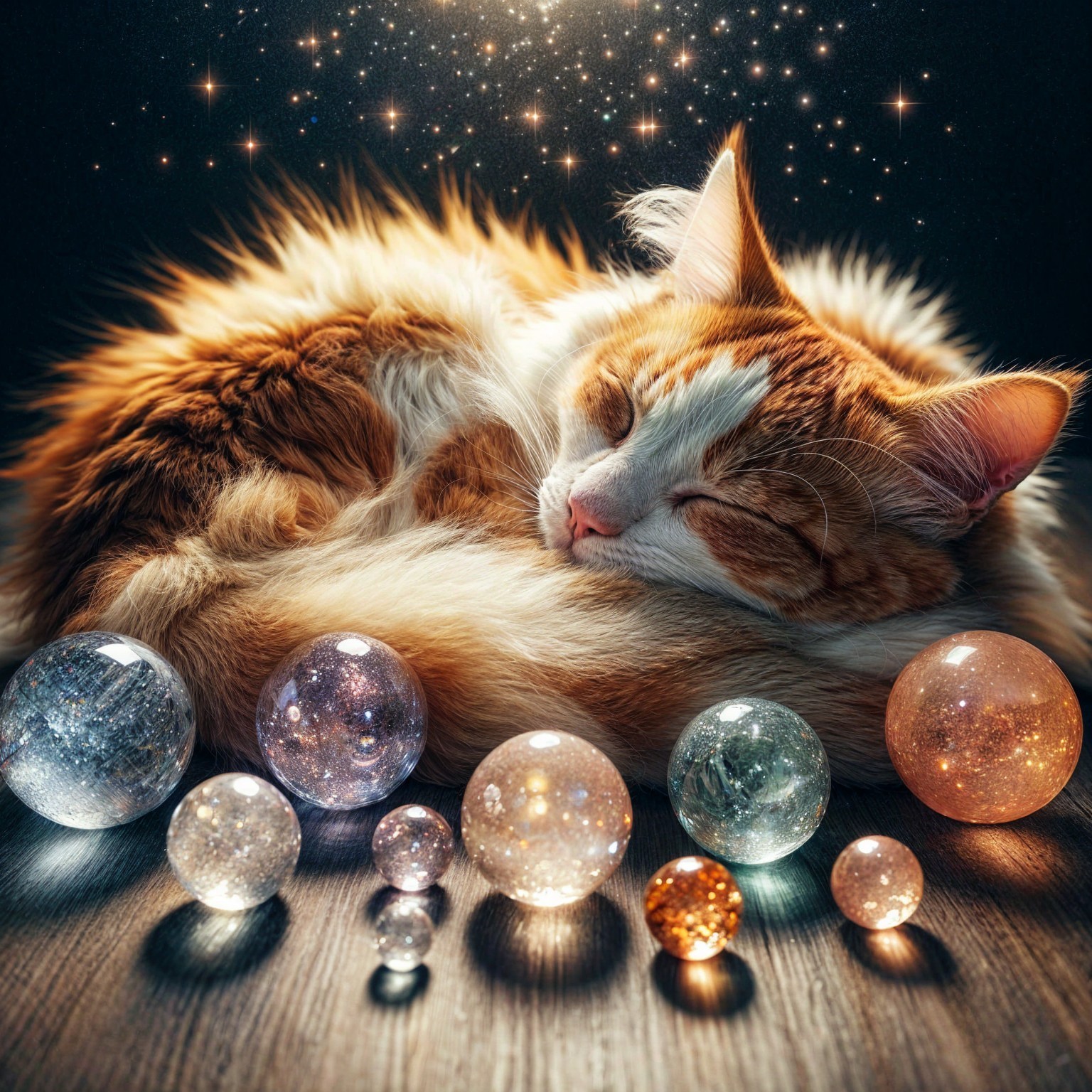 Ginger Cat Surrounded by Shimmering Glass Orbs