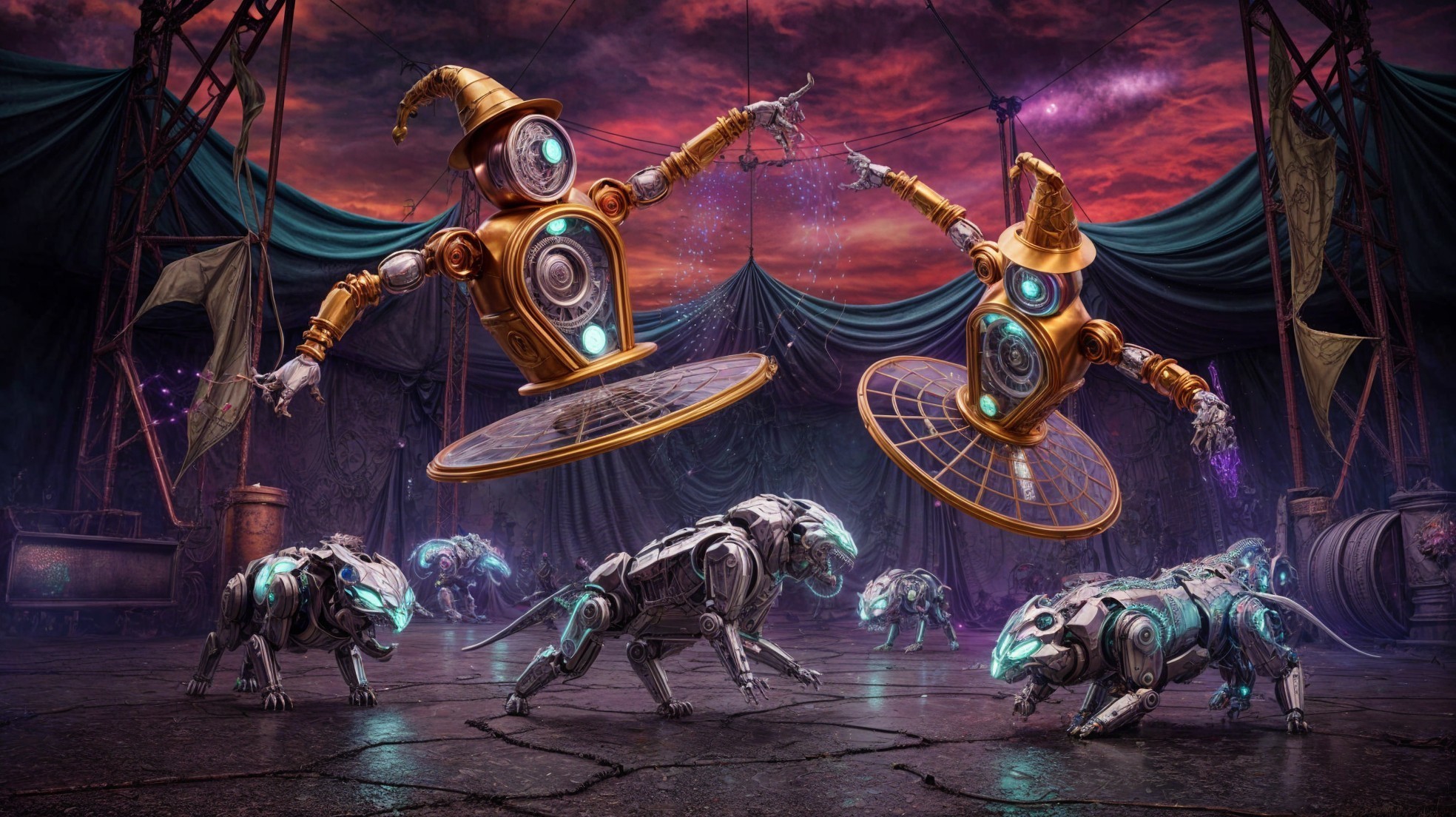 Whimsical Robots and Futuristic Panthers in Circus Setting