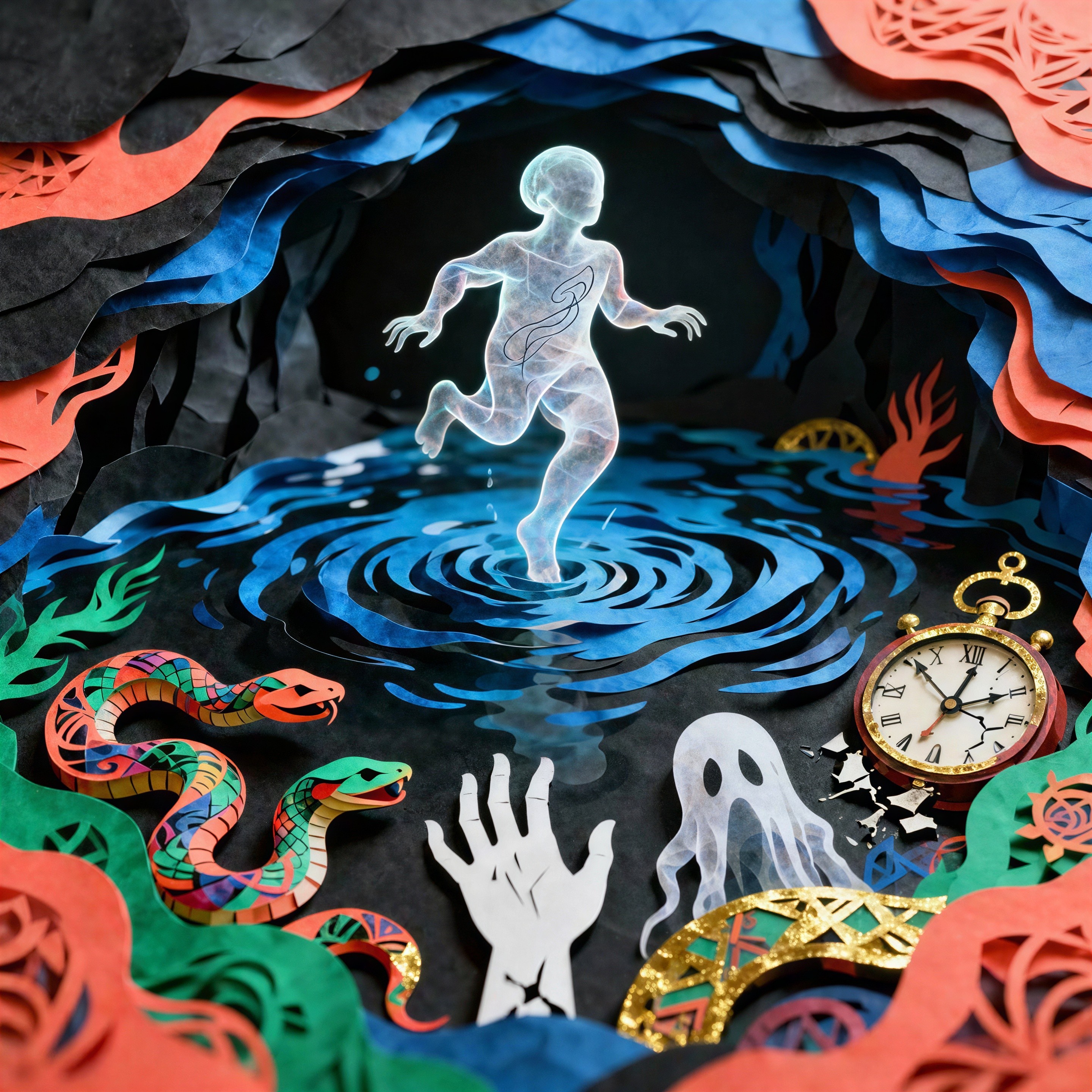Papercraft of an ethereal figure in blue water cave