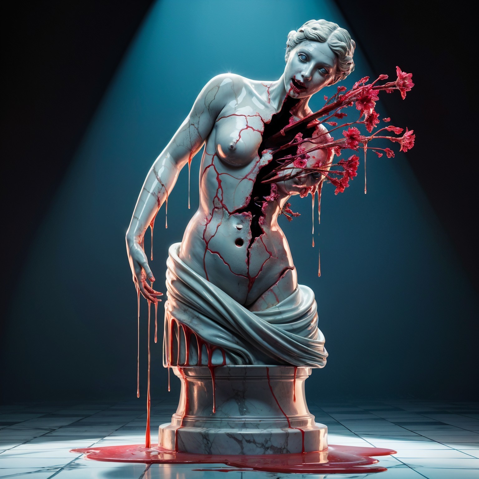 Marble Statue of Female Figure with Crimson Liquid Flow