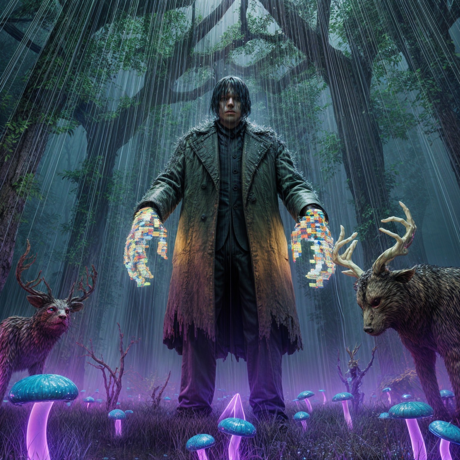 Mysterious Figure in Enchanted Forest with Ethereal Elements