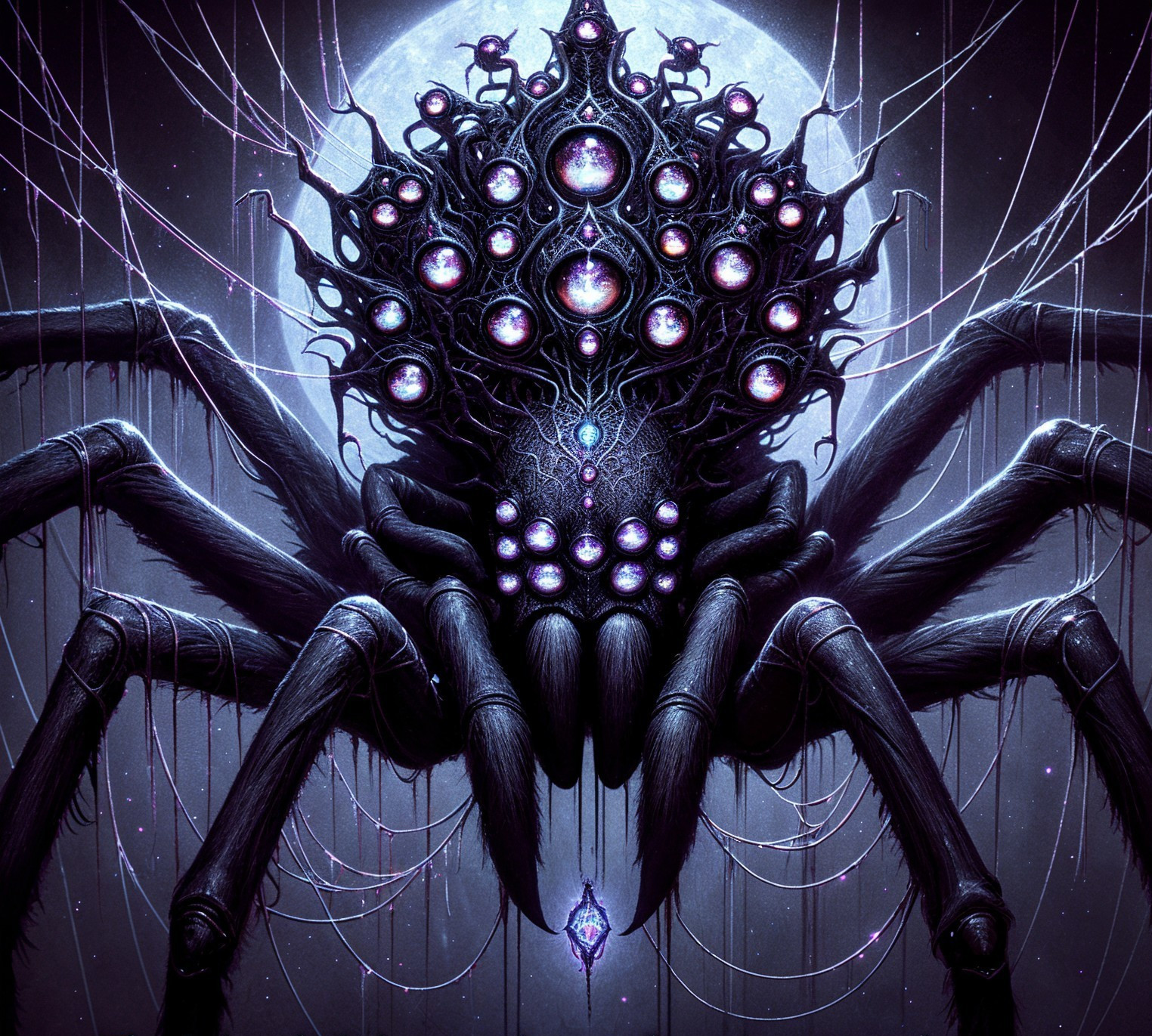 Ethereal spider with jewel patterns against crescent moon