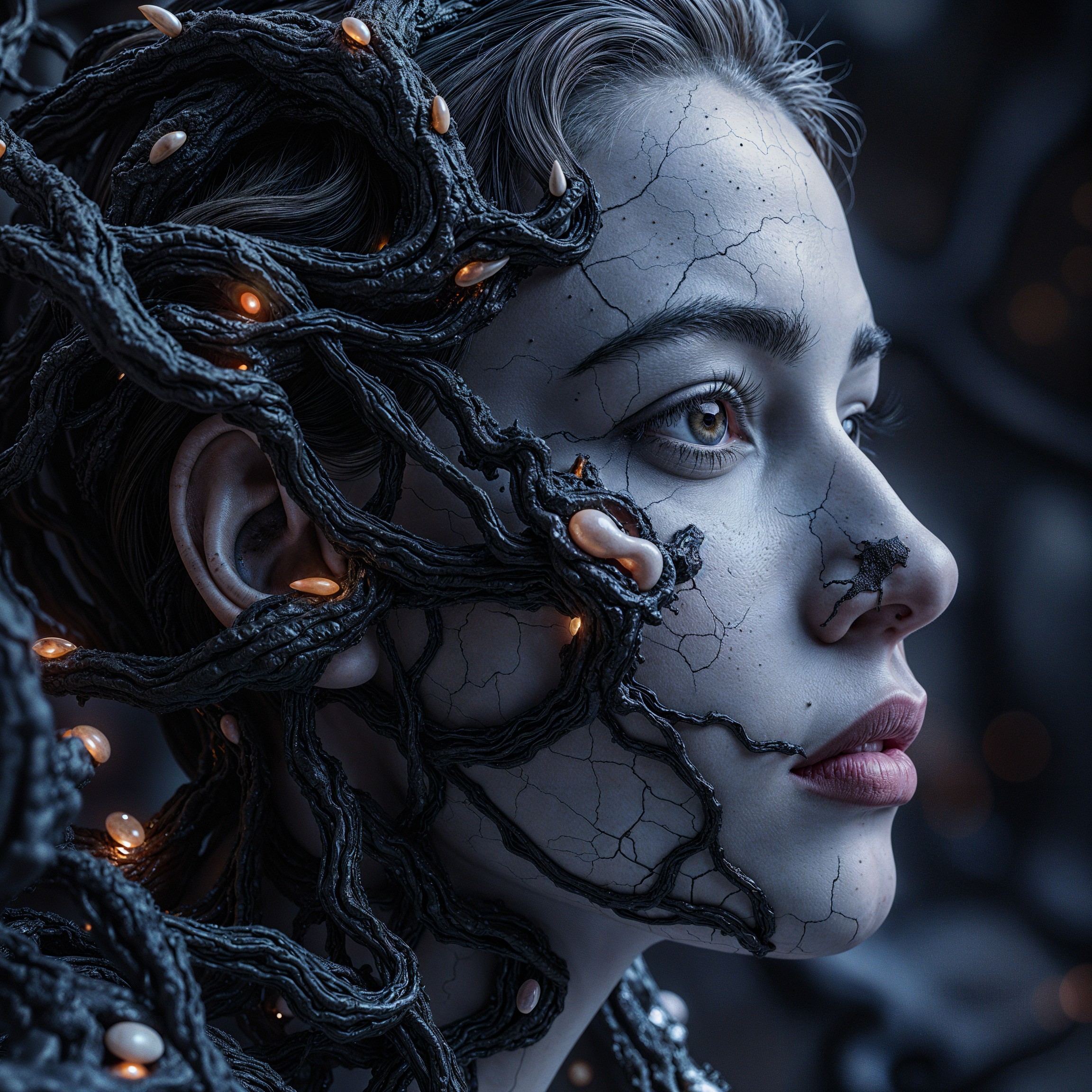 Surreal Portrait of a Female Figure with Vines and Orbs
