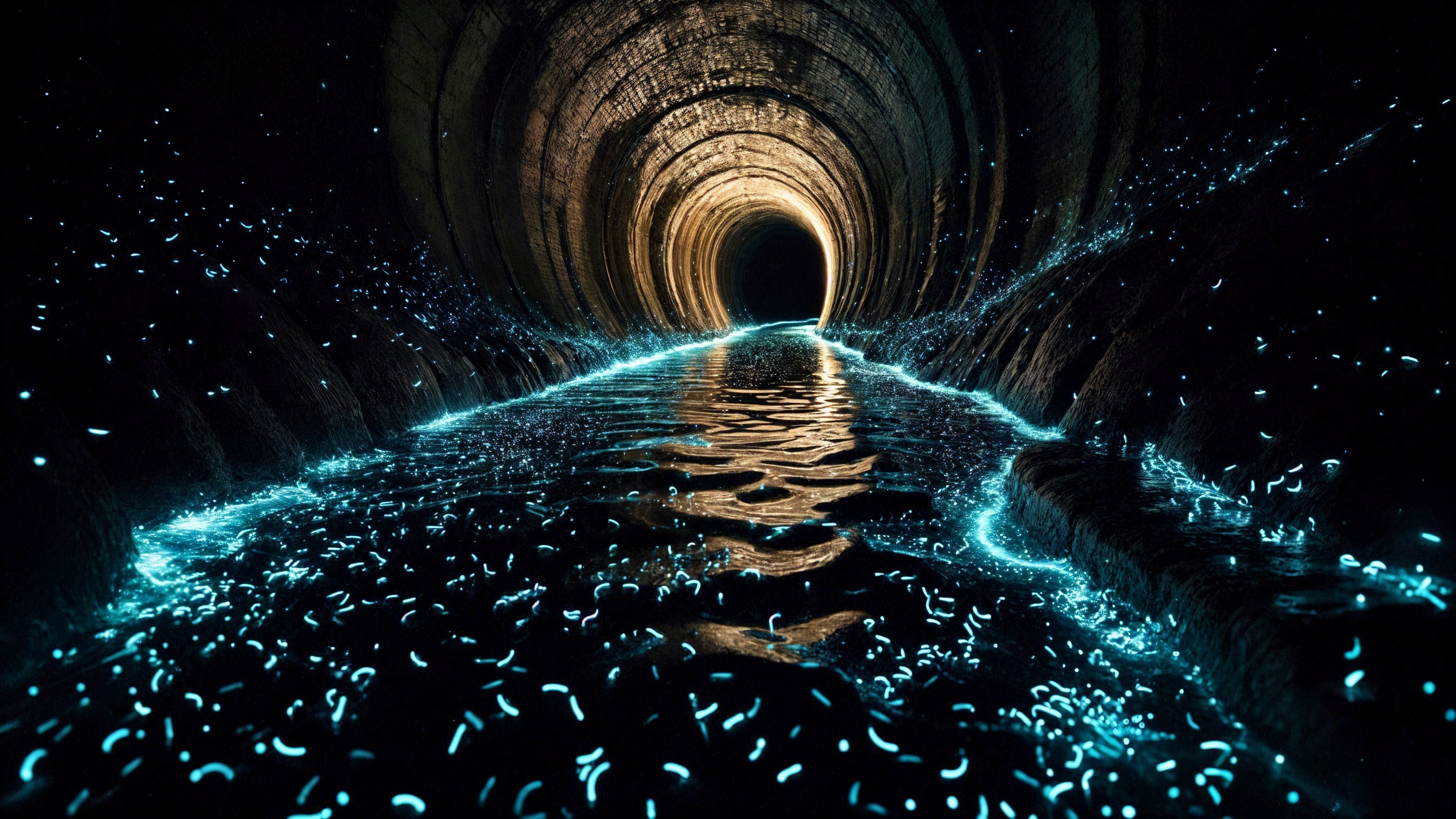 Dark Tunnel with Glowing Blue River and Luminous Particles