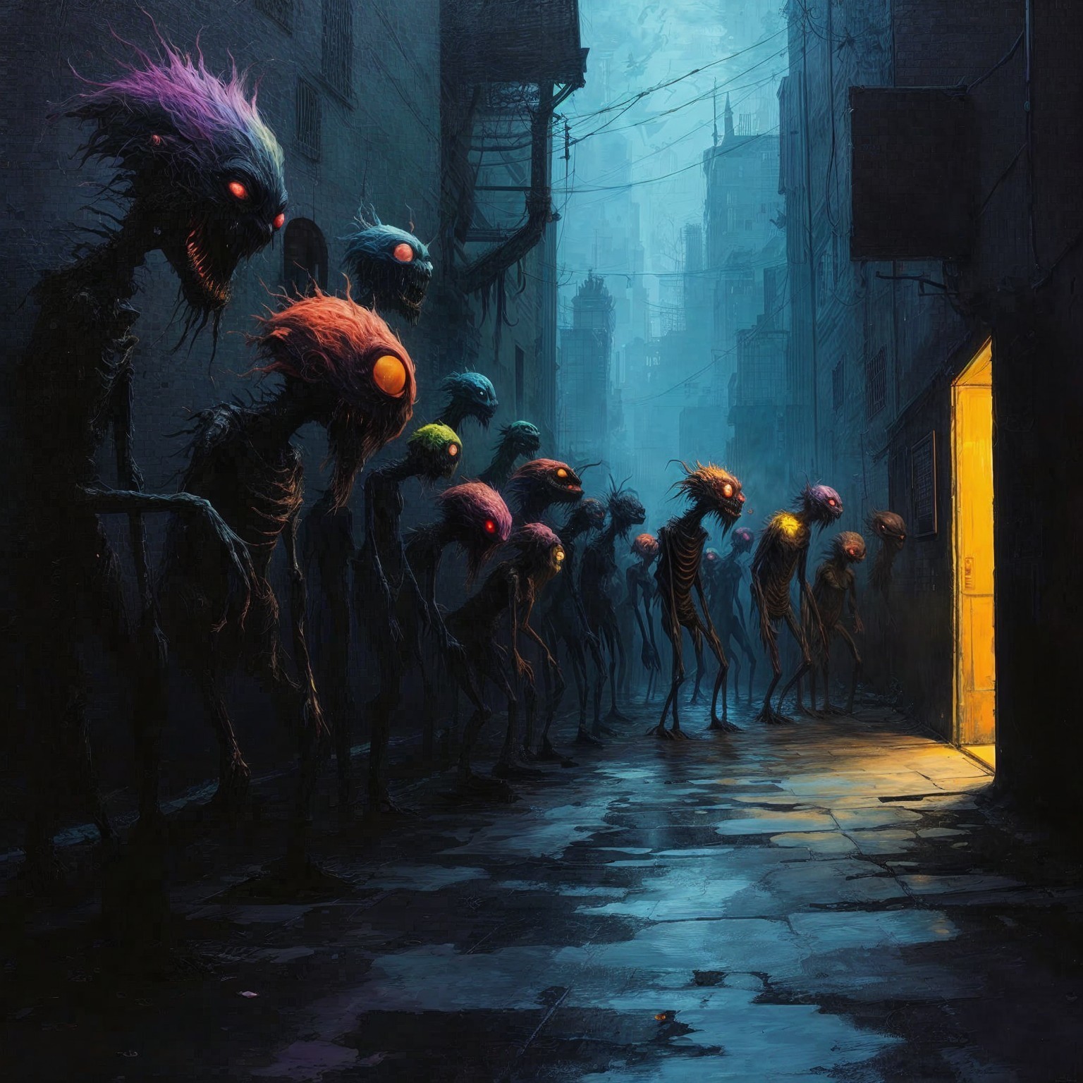Eerie Figures with Glowing Eyes in Dim Alley