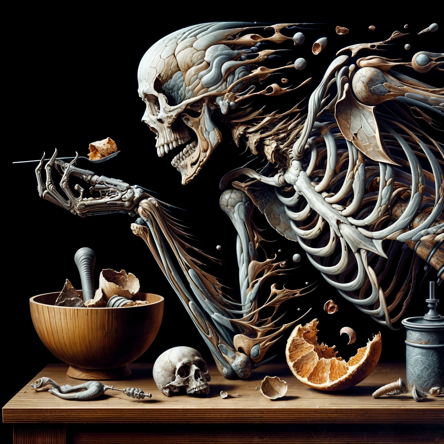 Surreal Scene of a Skeletal Figure at a Table