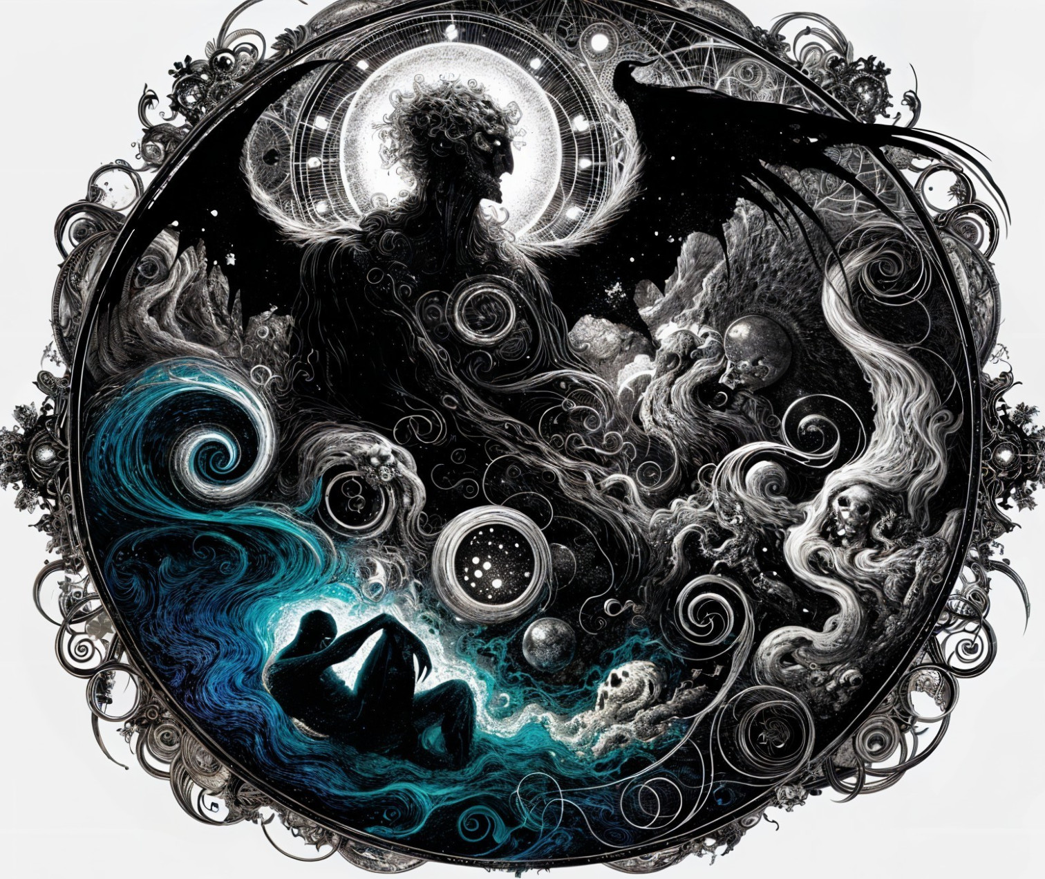 Celestial Figure and Ethereal Faces in Ocean Waves