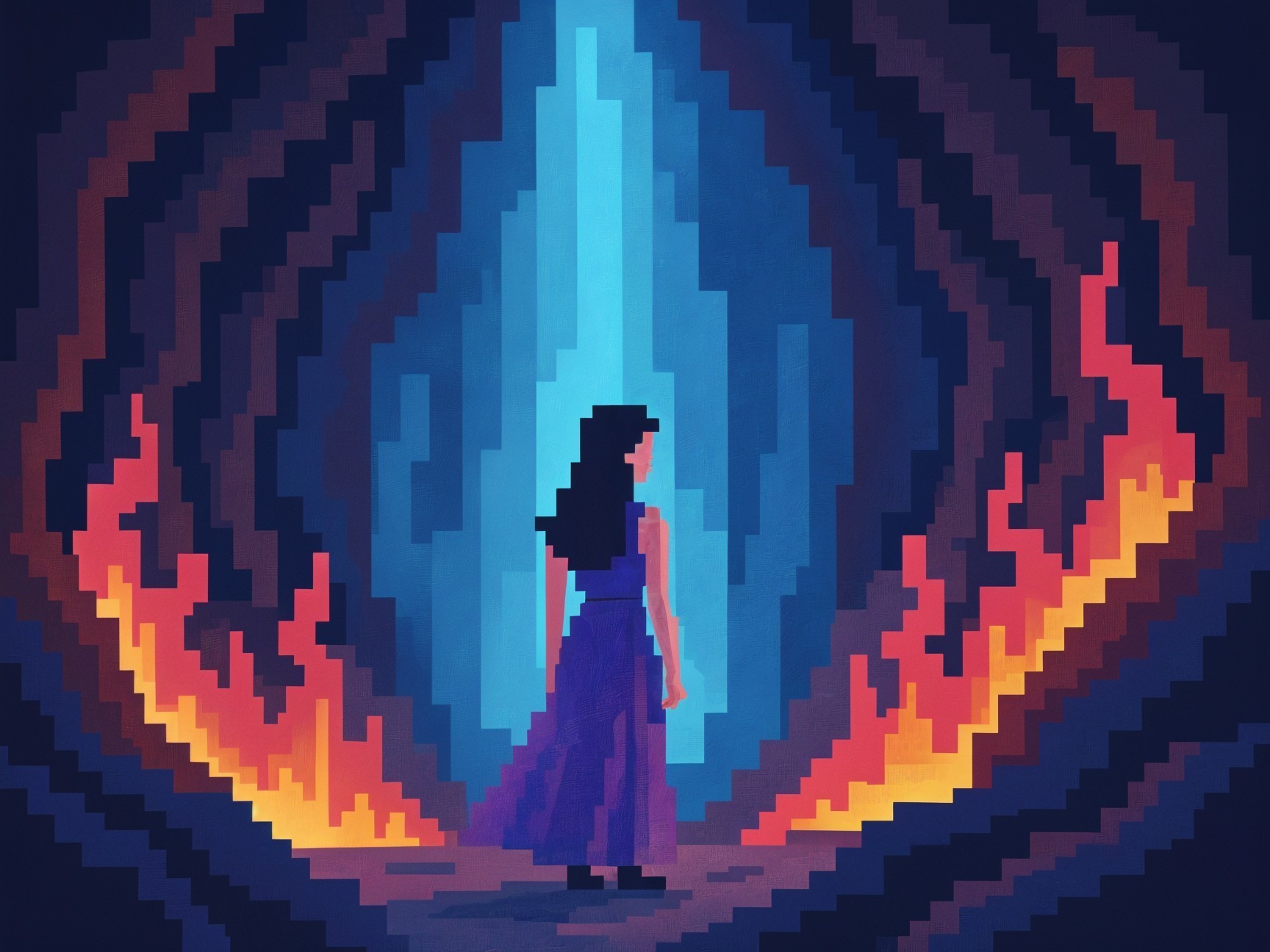 Pixel Art Scene of Figure at Cave Edge with Flames