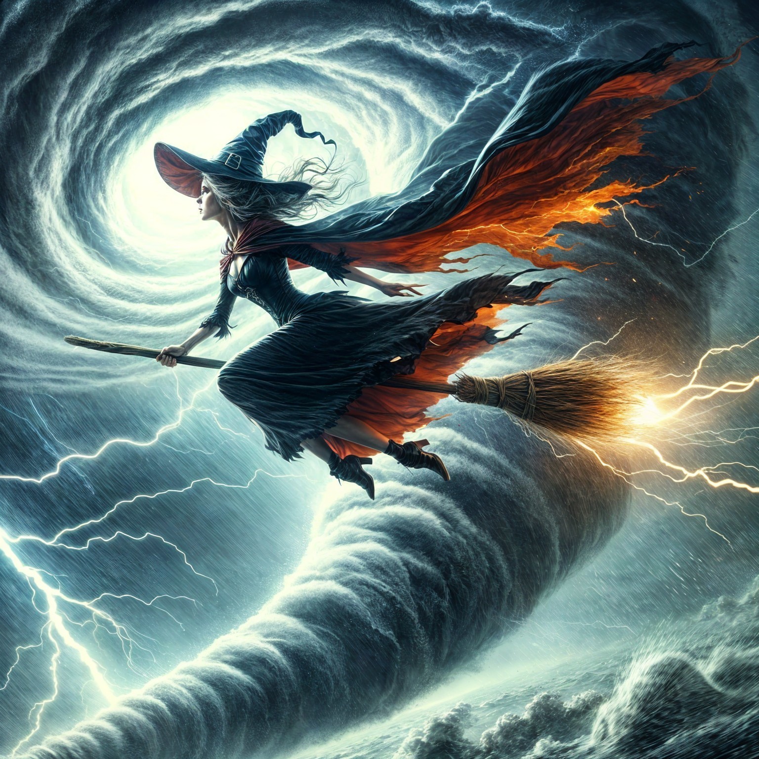 Witch Flying Through Stormy Sky on Broomstick