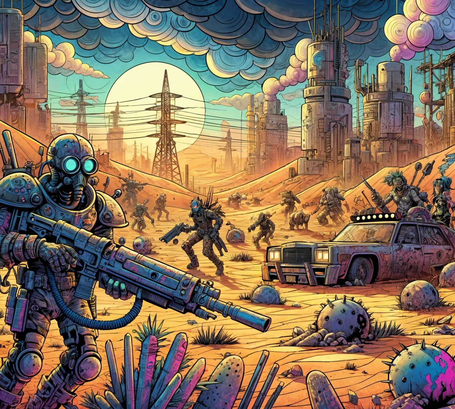 Armored Figures in Post-Apocalyptic Desert Landscape