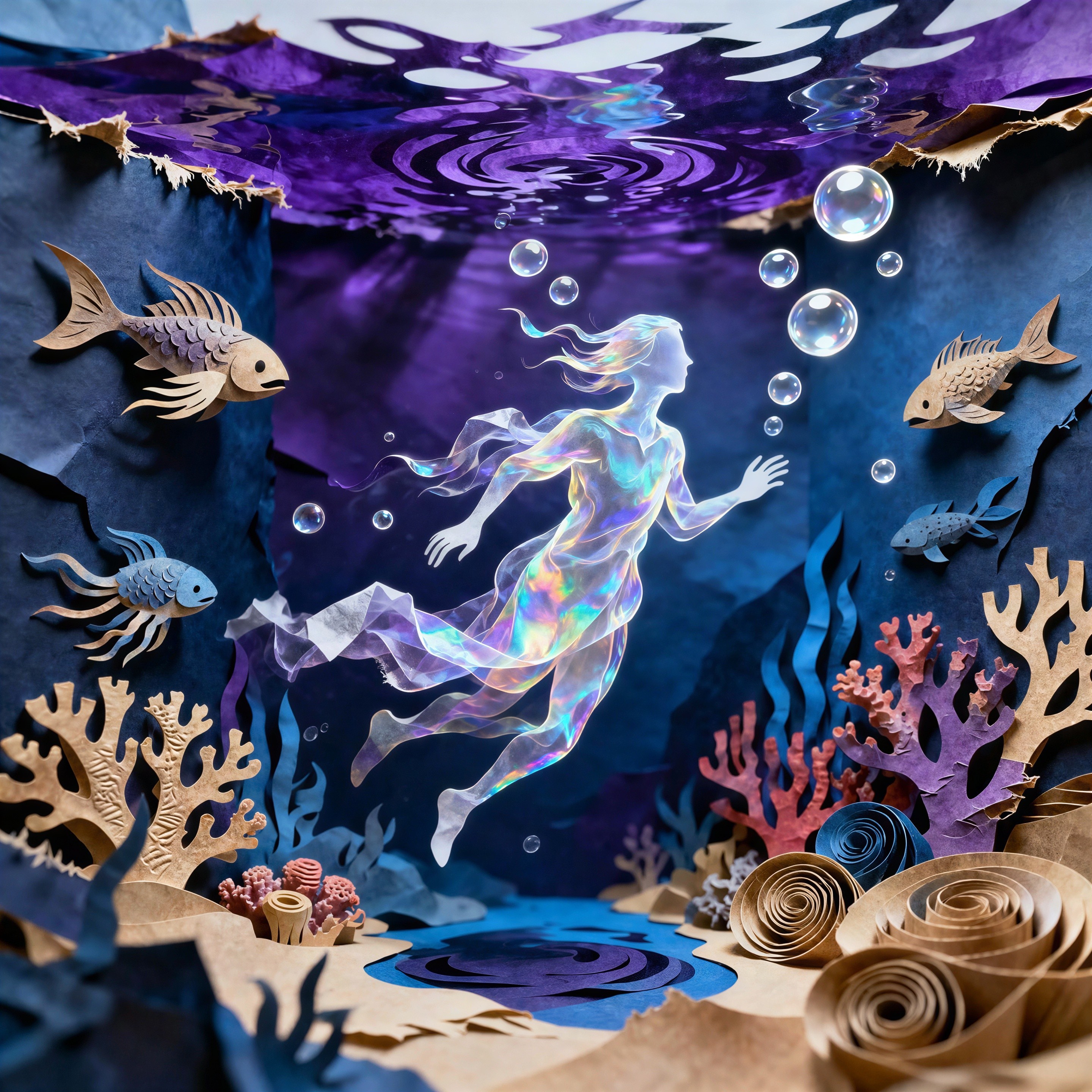 Vibrant Paper Diorama of an Ethereal Mermaid Scene