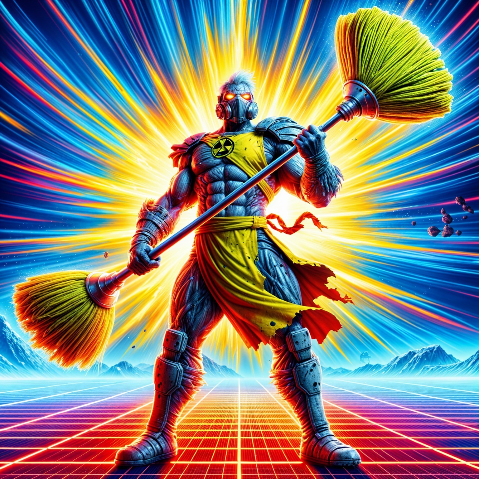 Muscular Figure with Broom in Retro-Futuristic Setting