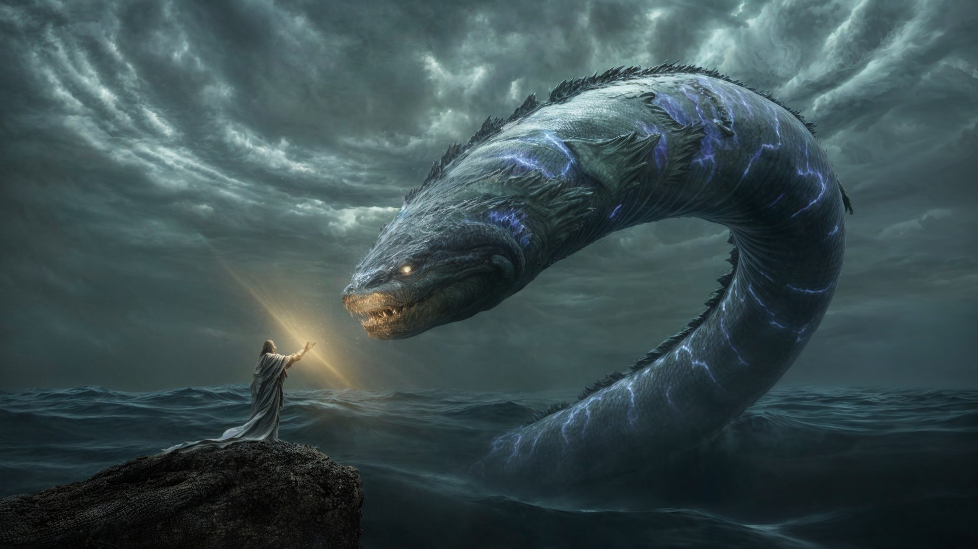 Colossal serpent emerges from turbulent sea waters