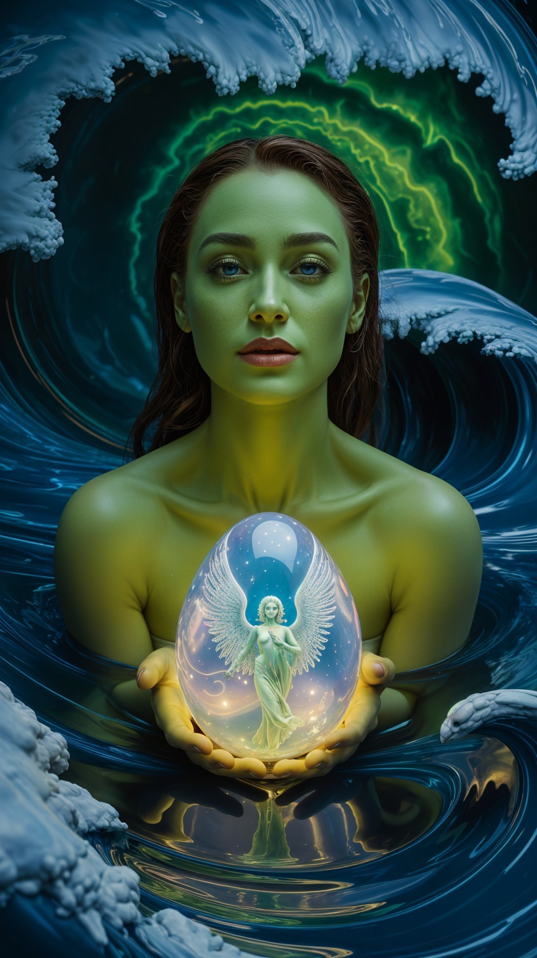 Serene figure with glowing egg amidst ocean waves