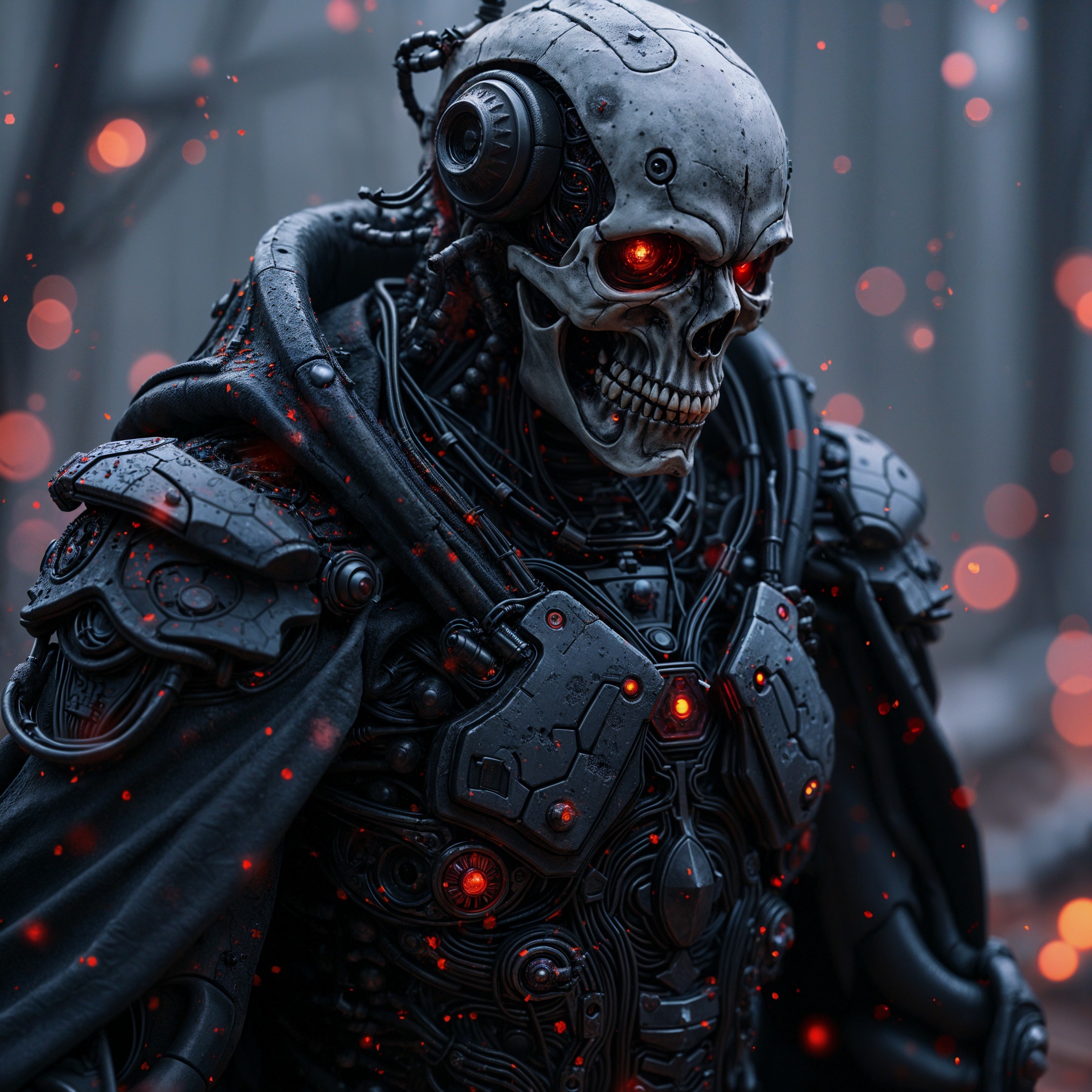Futuristic Cyborg with Skull Face and Red Eyes
