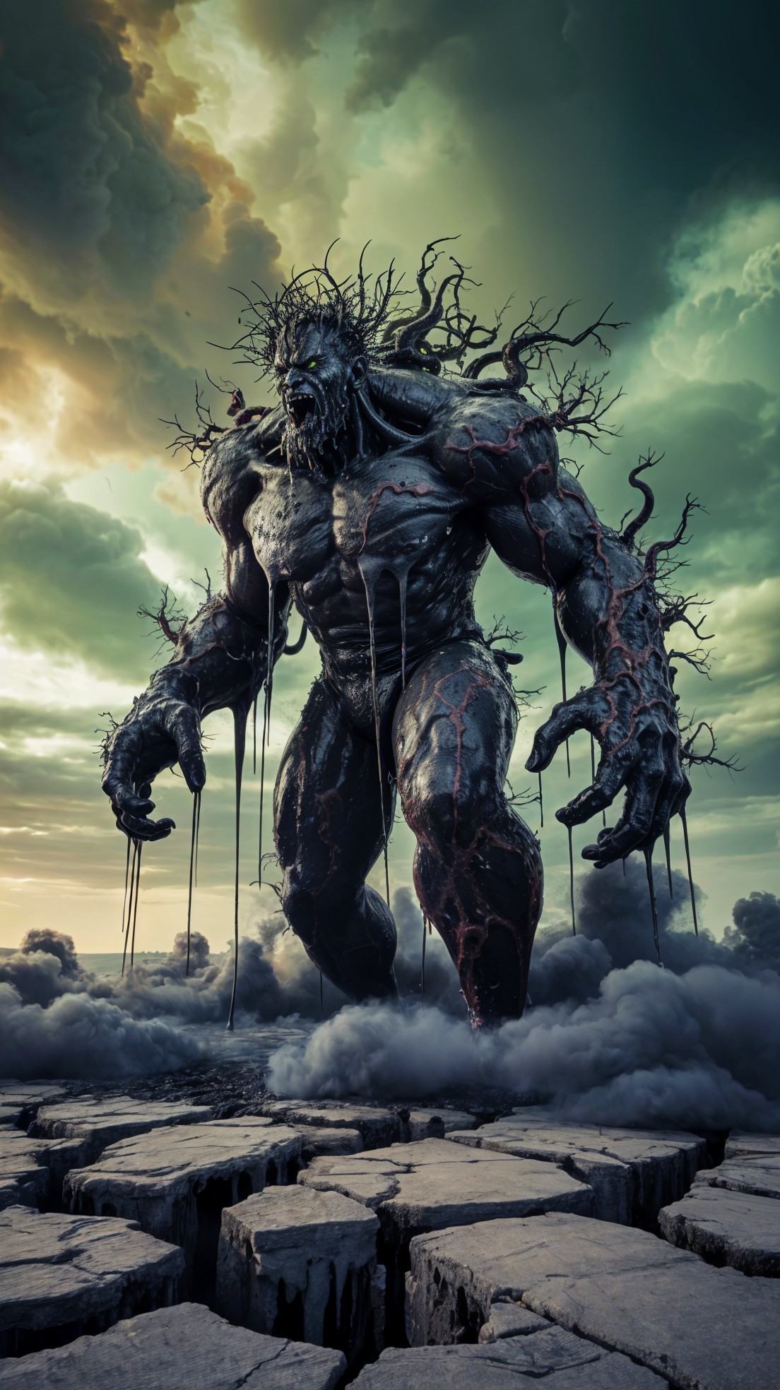 Colossal Monstrous Figure in Cracked Landscape