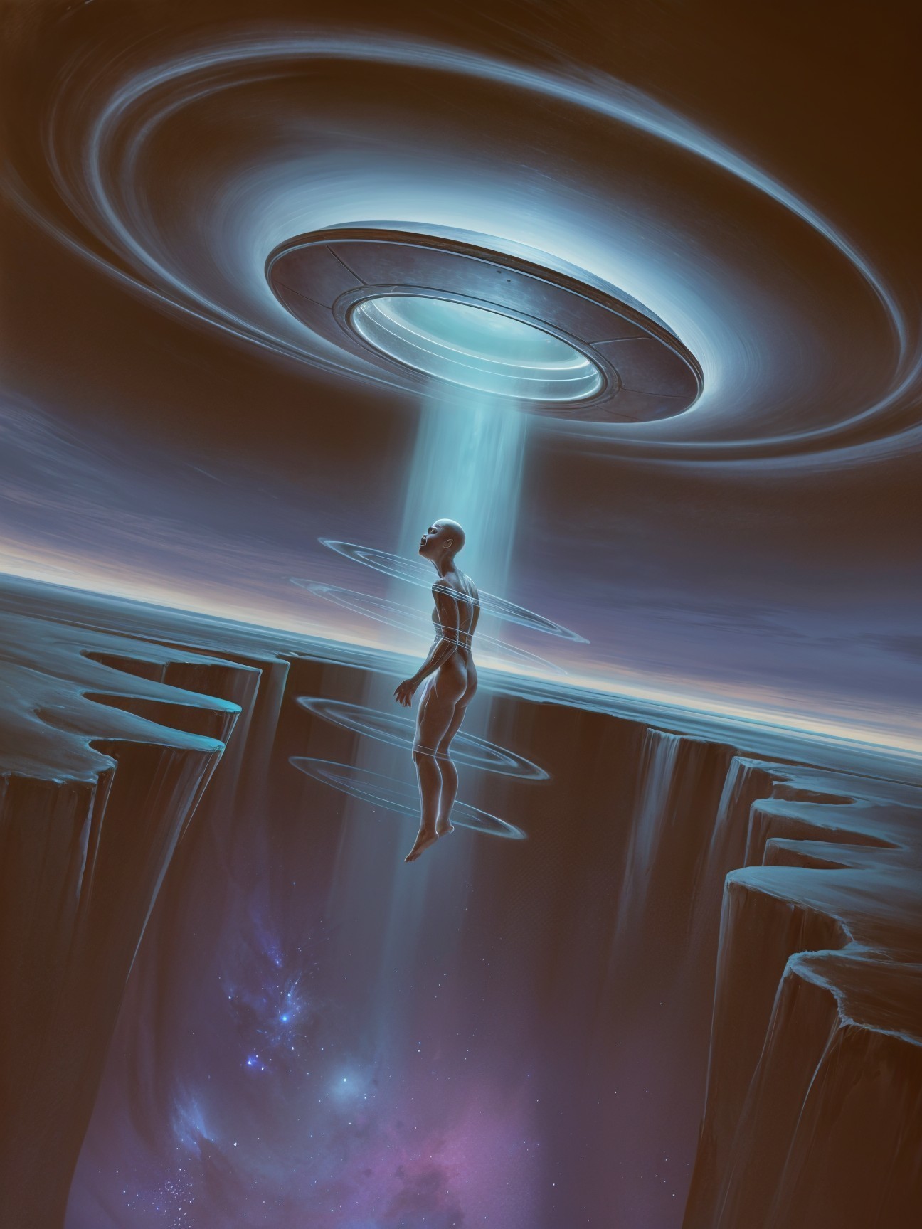 Surreal Scene of Alien and UFO Over a Chasm