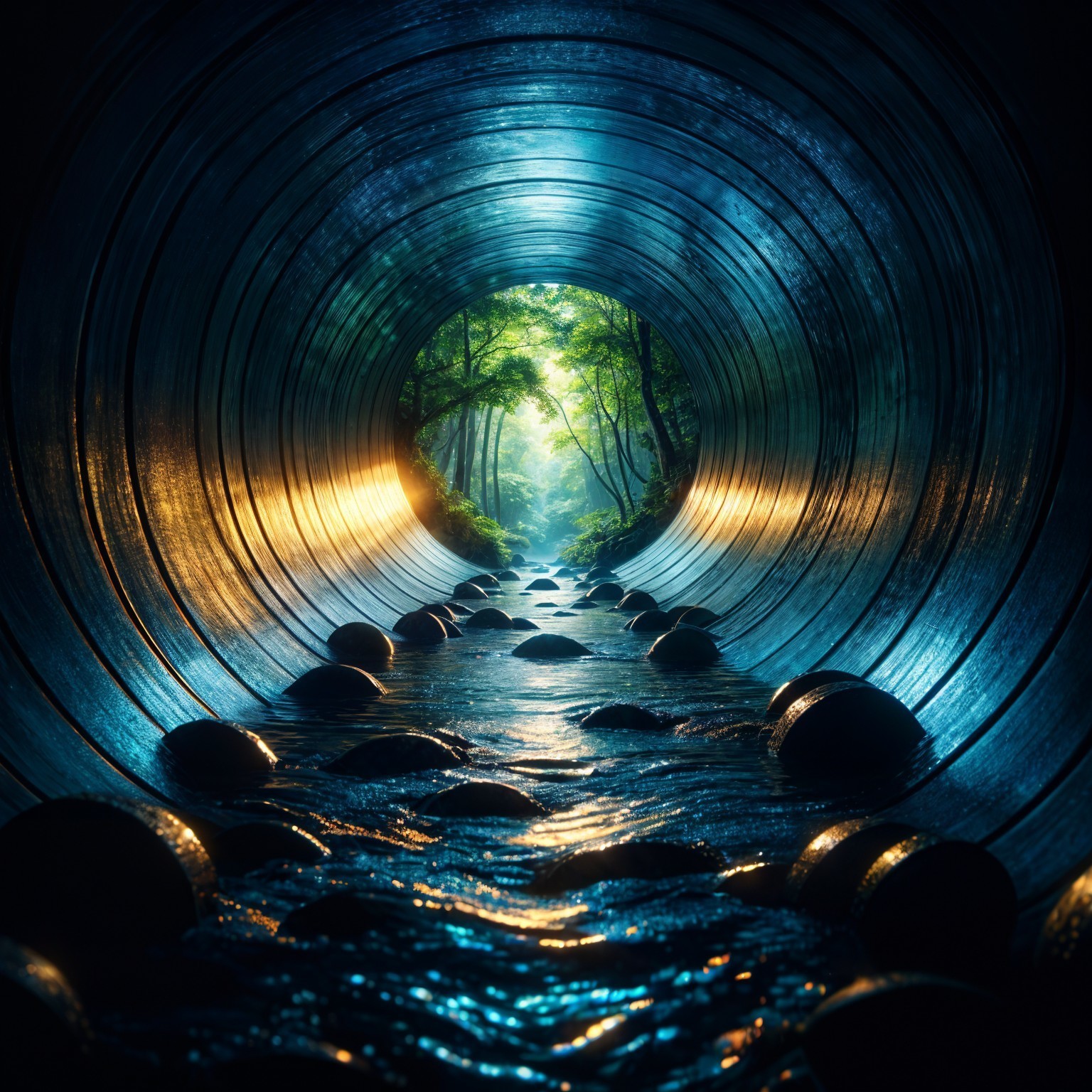 Illuminated Metallic Tunnel with Water and Greenery