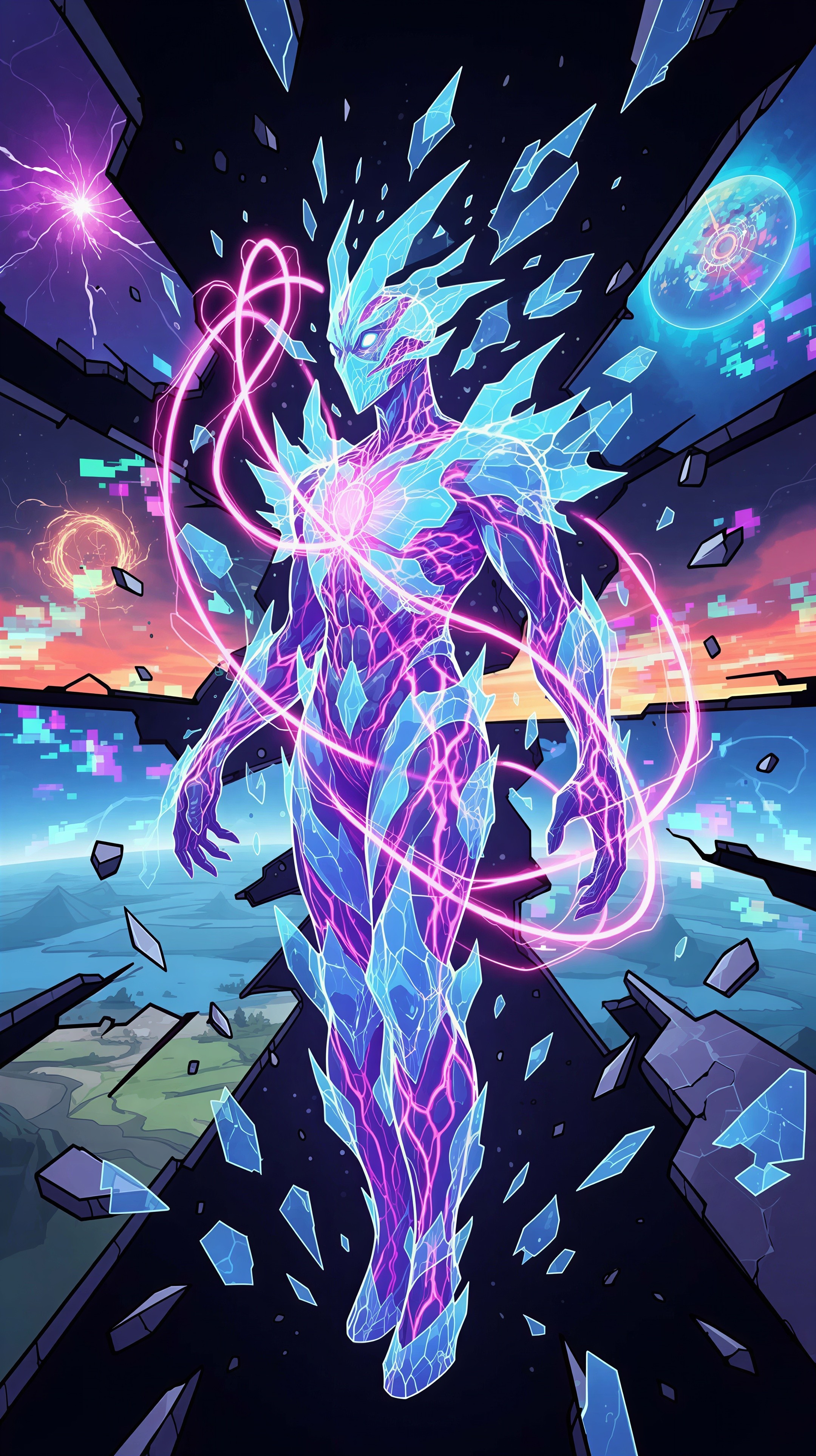 Neon Crystalline Being in a Fractured Landscape