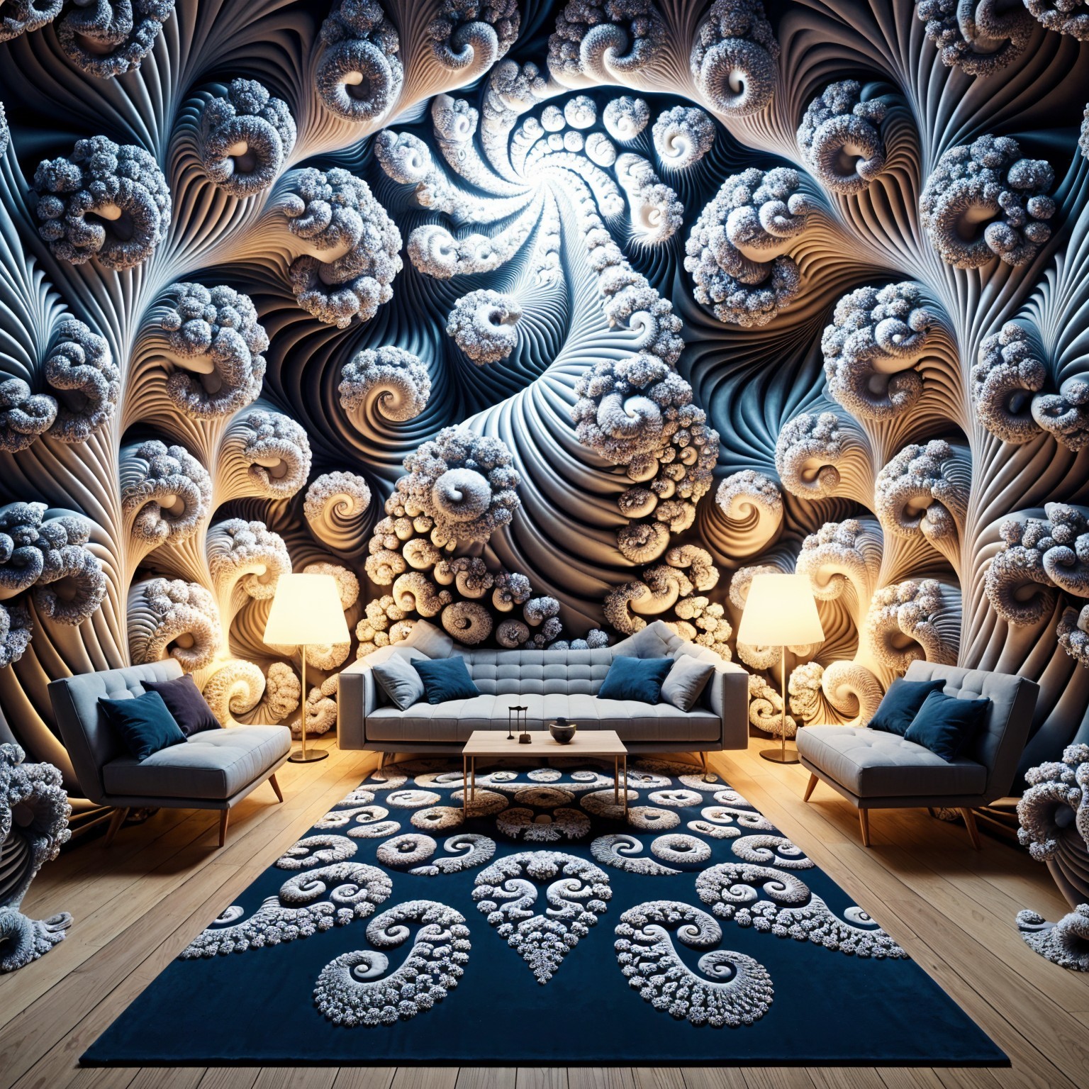 Surreal Living Room with Fractal Wall Designs