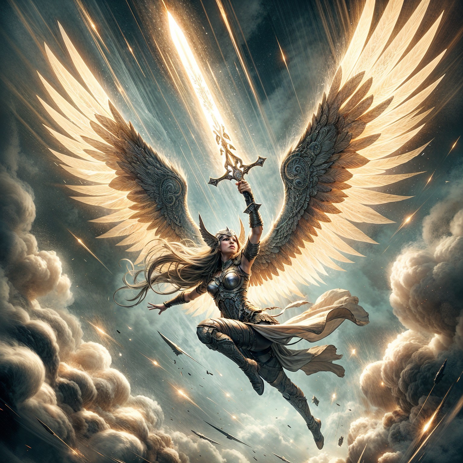 Warrior angel with golden wings in stormy sky