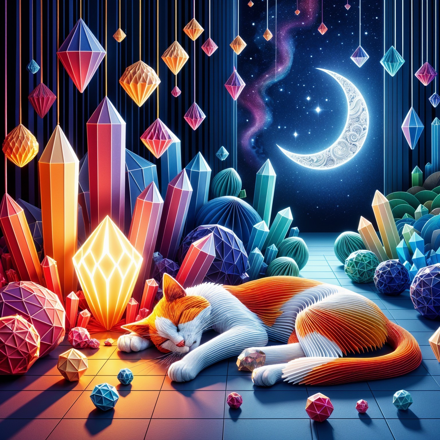 Surreal Landscape with Sleeping Cat and Crystal Structures