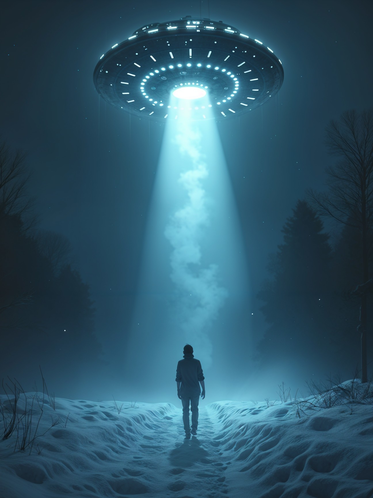 Mysterious UFO Over Snowy Landscape at Night