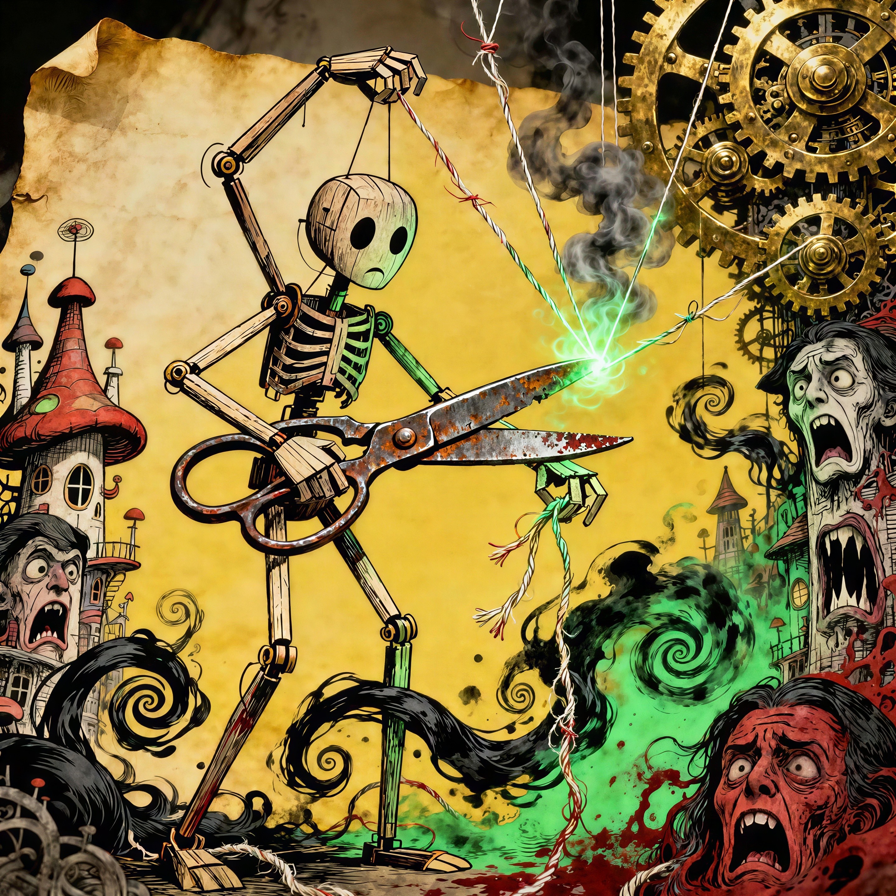 Wooden Puppet Cutting Strings with Green Energy Effects