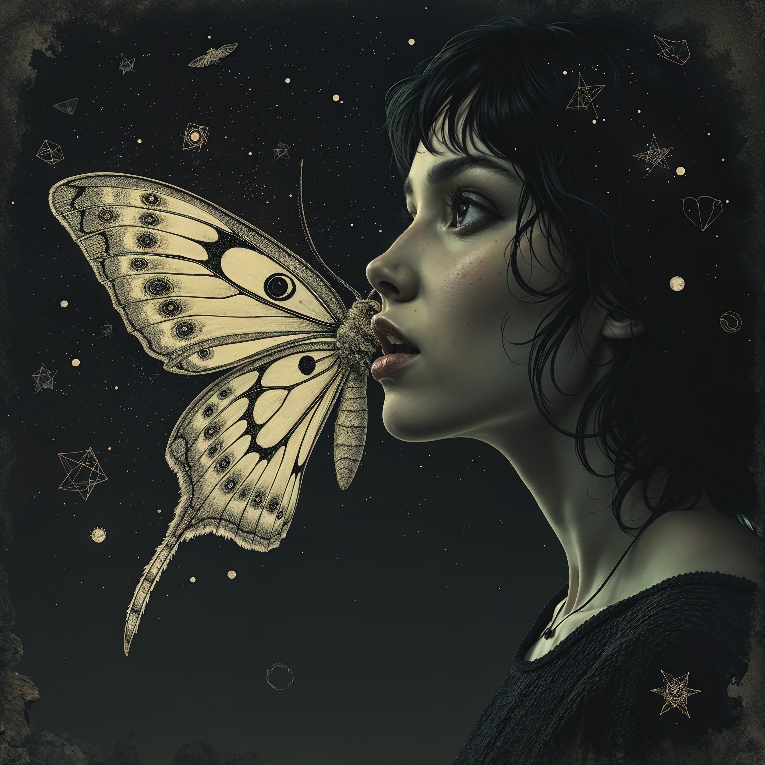 Young woman with butterfly in starry night setting
