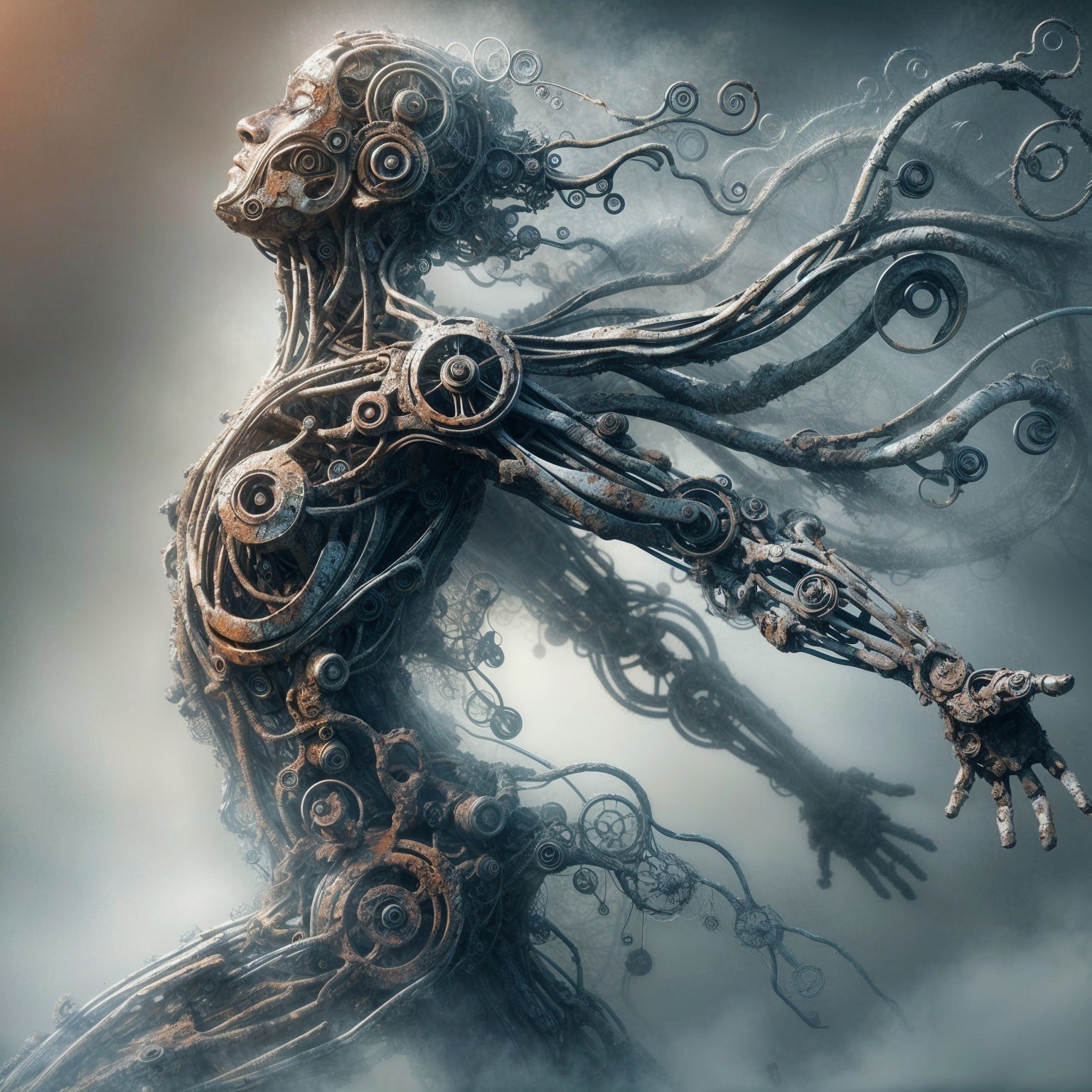 Surreal Humanoid Figure with Metallic Parts and Gears