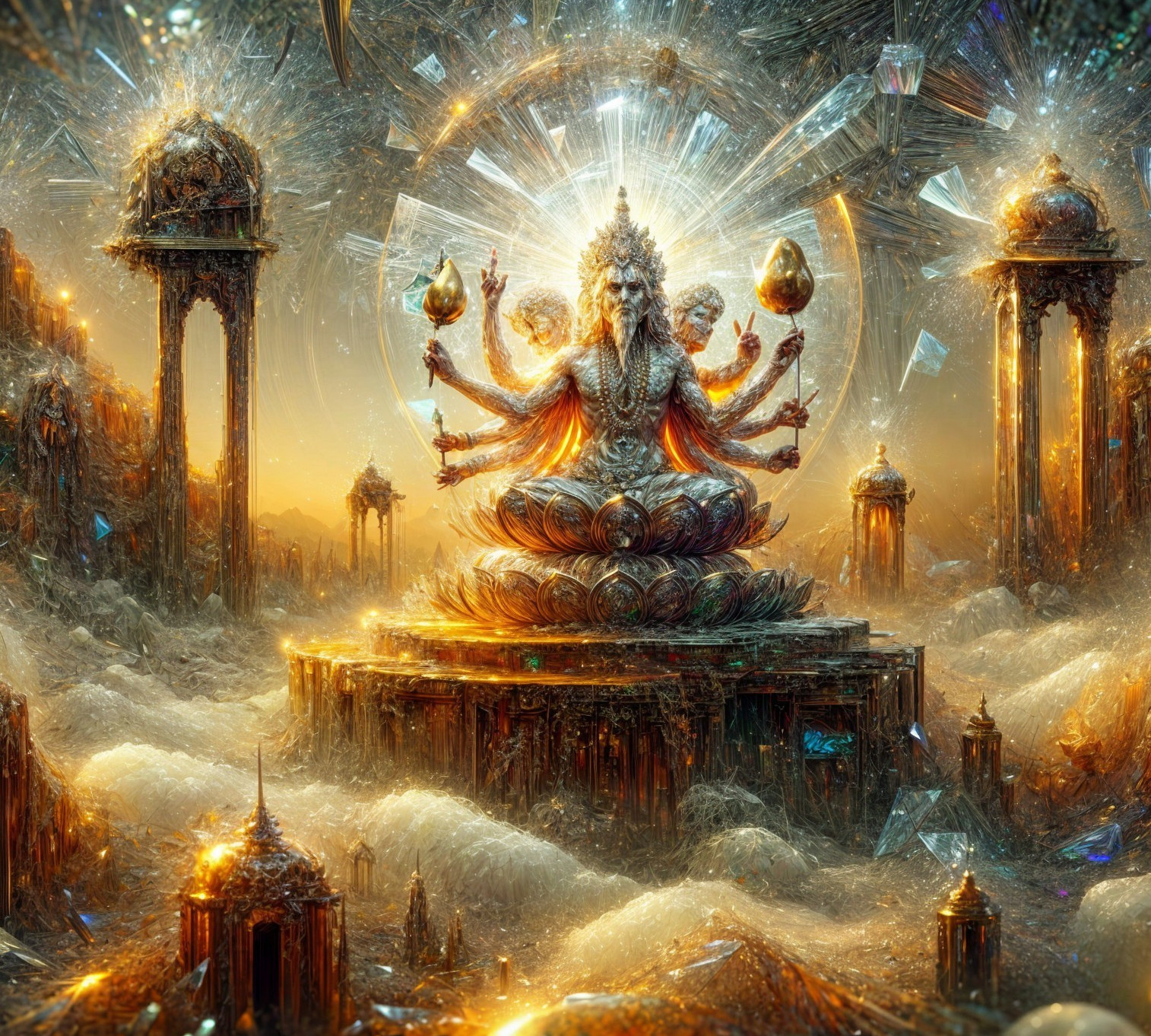 Majestic deity in radiant lotus with cosmic background