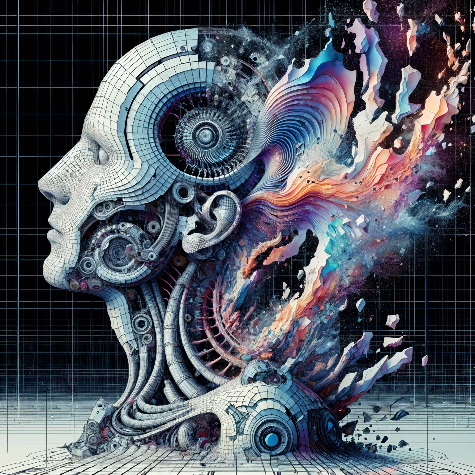Futuristic Human Head with Digital Patterns and Colors