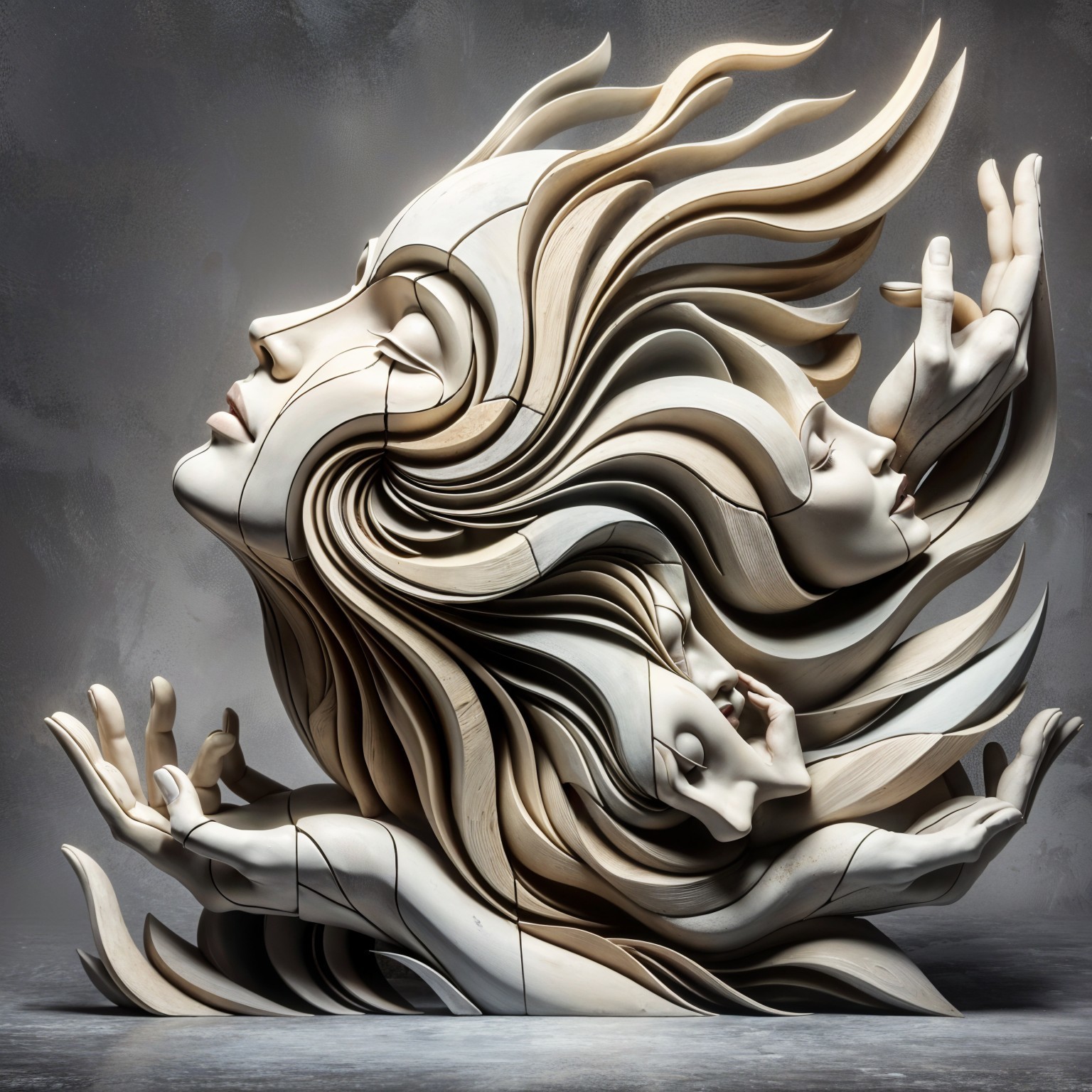Intricate Wooden Sculpture of Flowing Faces and Hands