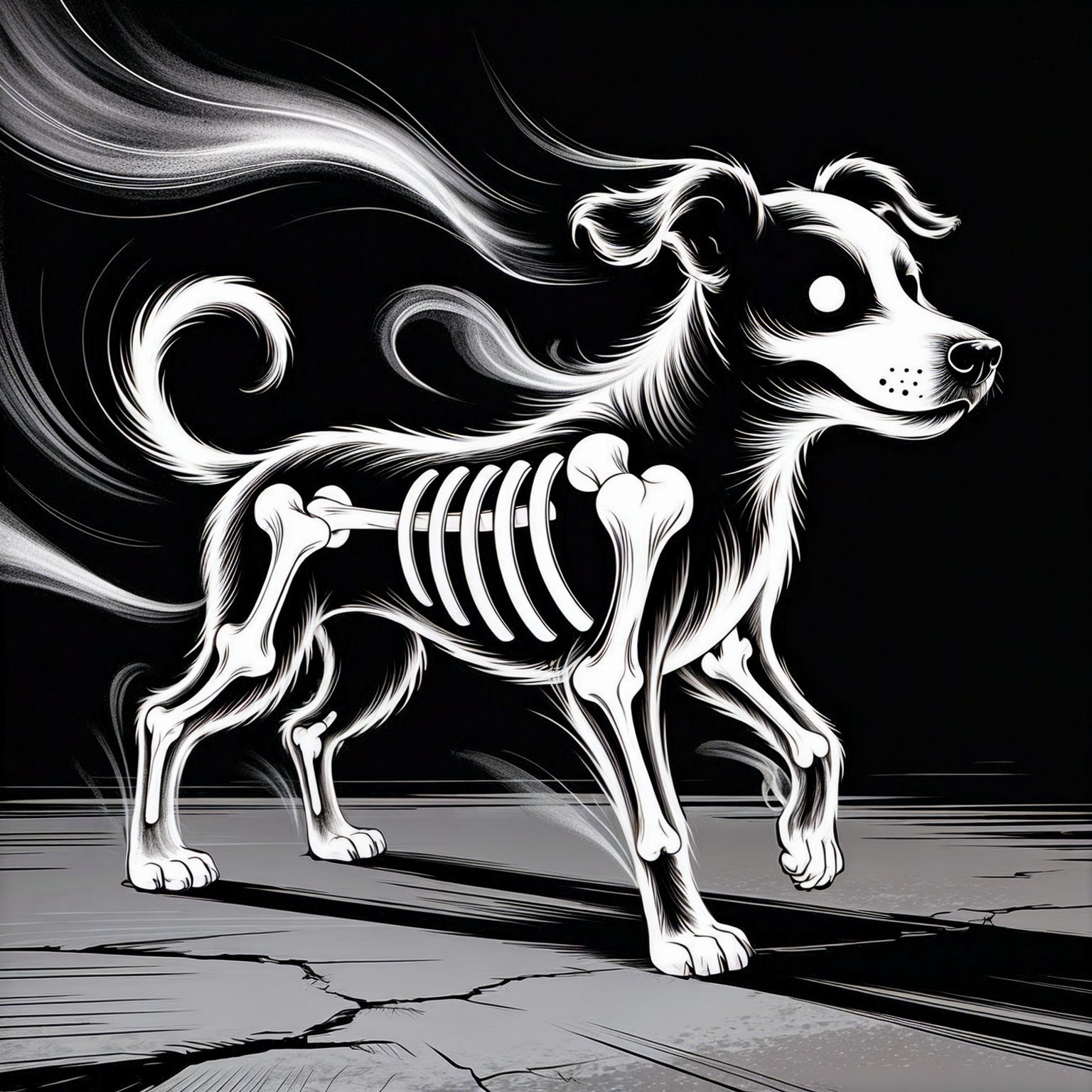Cartoon Dog with Exposed Skeleton on Black Background