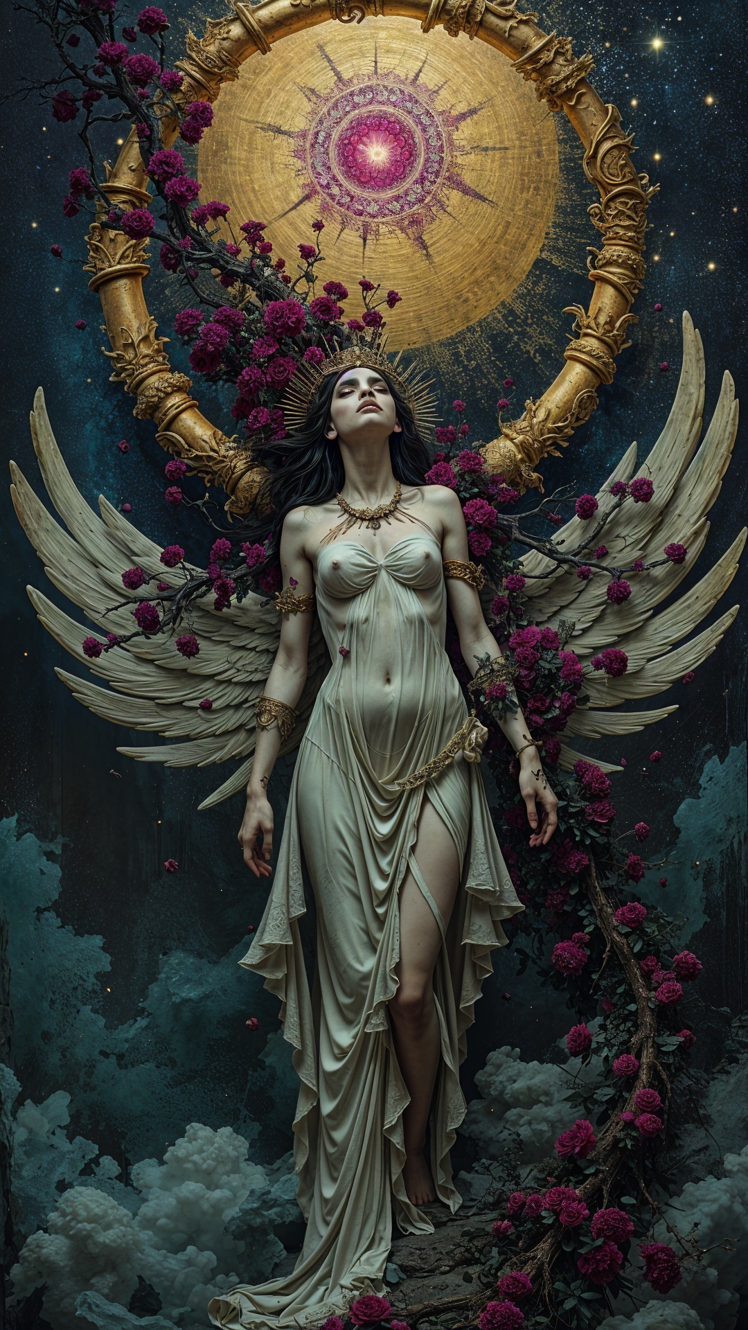 Celestial Figure with Wings Amid Cosmic Background