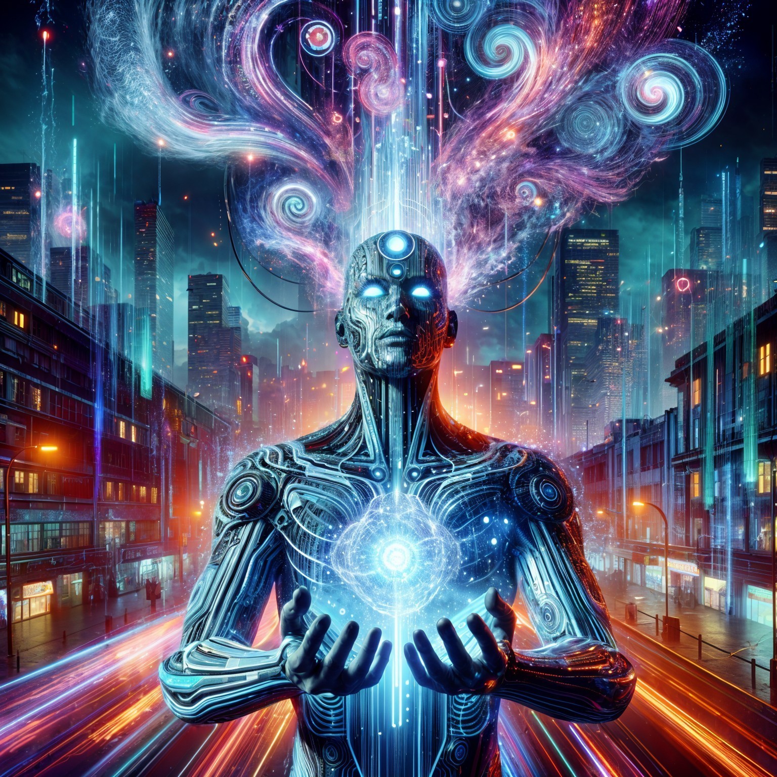 Futuristic humanoid figure in a vibrant cityscape