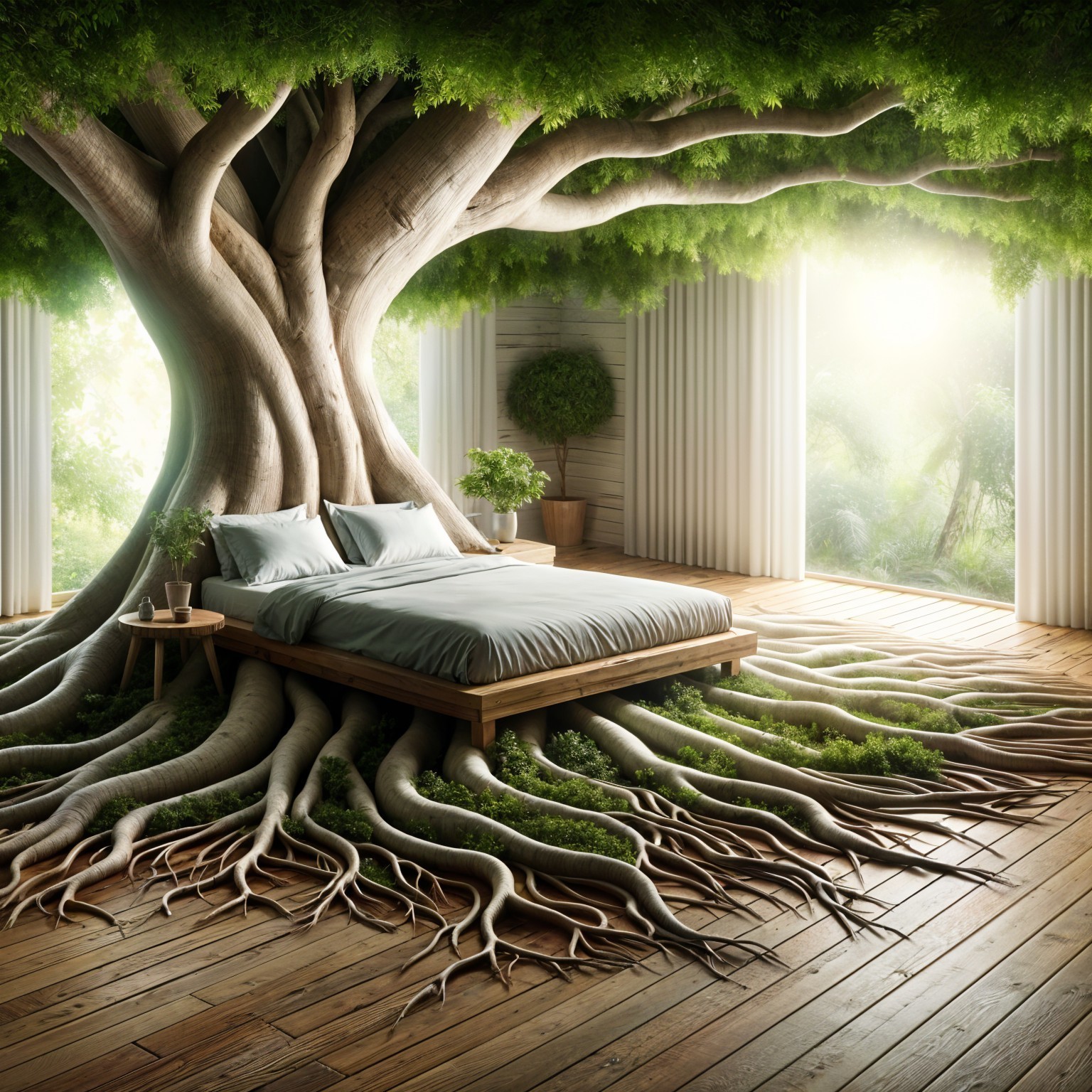 Spacious room with bed integrated into a large tree