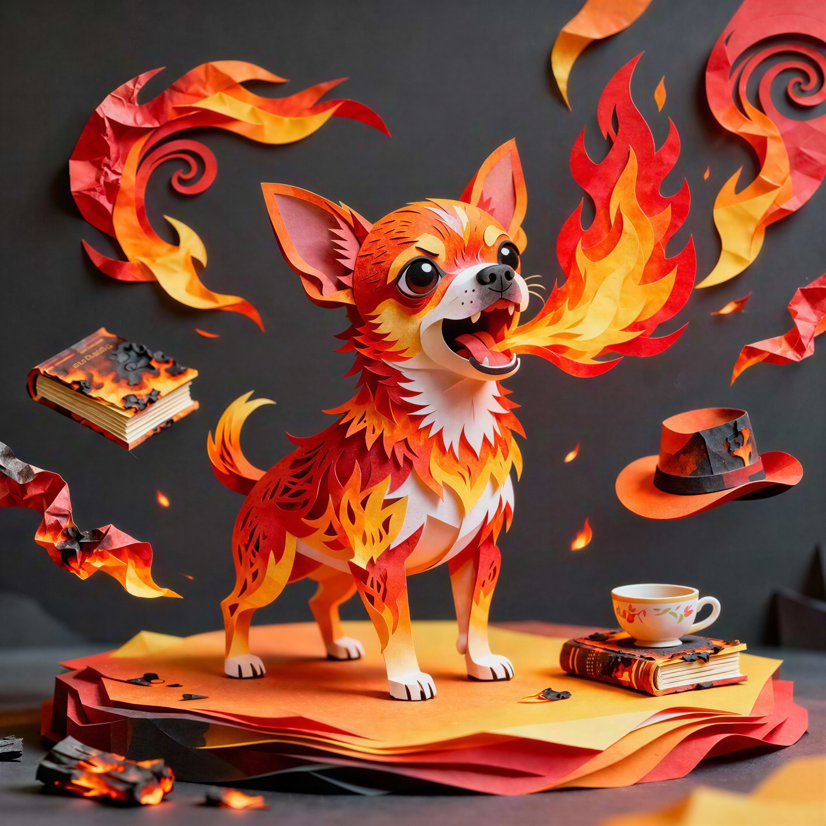 Papercraft Scene of Fire-Breathing Chihuahua Design